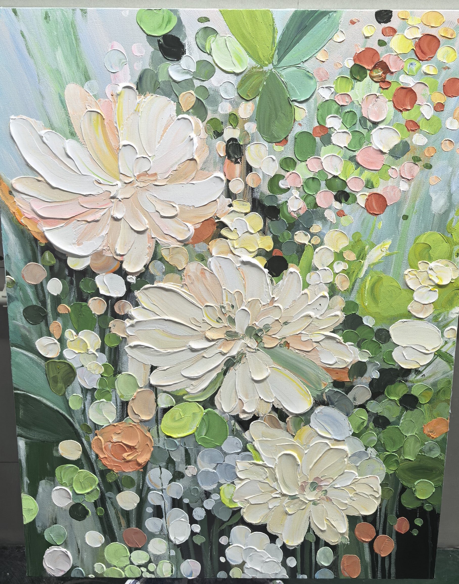"Sand Petal Reverie" is a 100% hand-painted floral artwork created with professional oil and acrylic paints on high-quality canvas. Its beige & green palette and visible textured strokes give every piece authentic handmade variation and tactile depth.