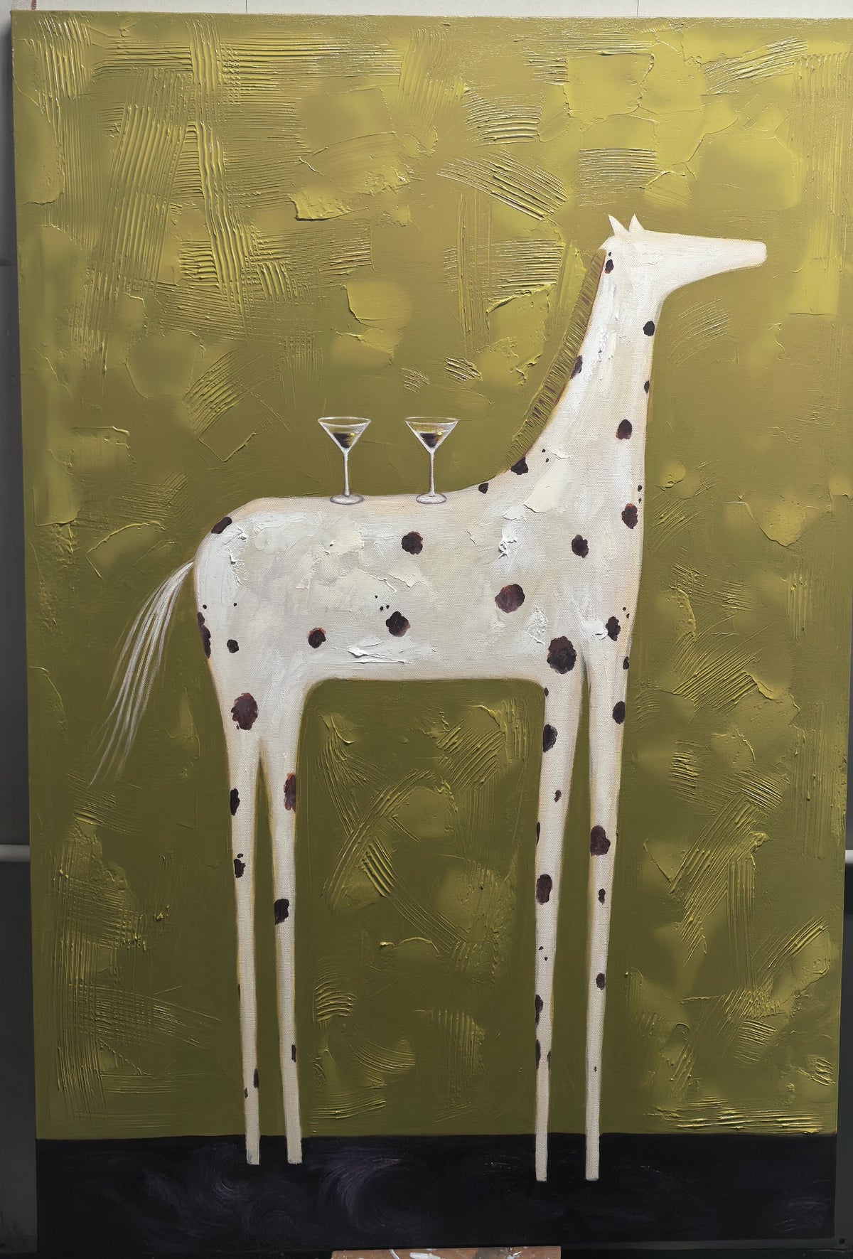 "Martini Giraffe Soirée" – Whimsical Heavy Impasto Painting | Funky Spotted Giraffe Artwork | Quirky Vertical Wall Art #AN148