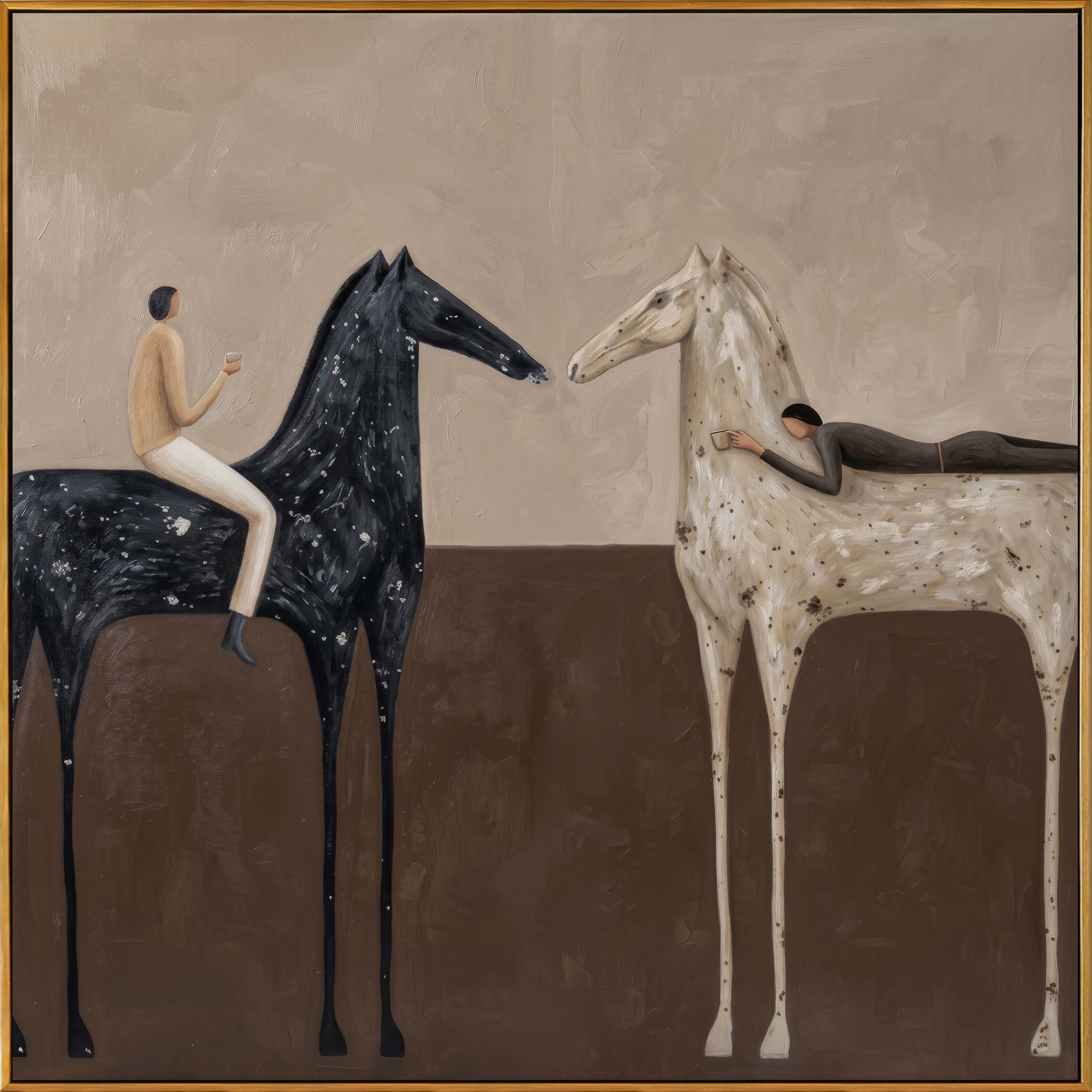 "Two Steeds & Leisure Companions" – Modern Heavy Impasto Minimal Figurative | 3D Warm Taupe & Ebony Cream Palette Knife Painting | Luxury Square Wall Art #PT 564