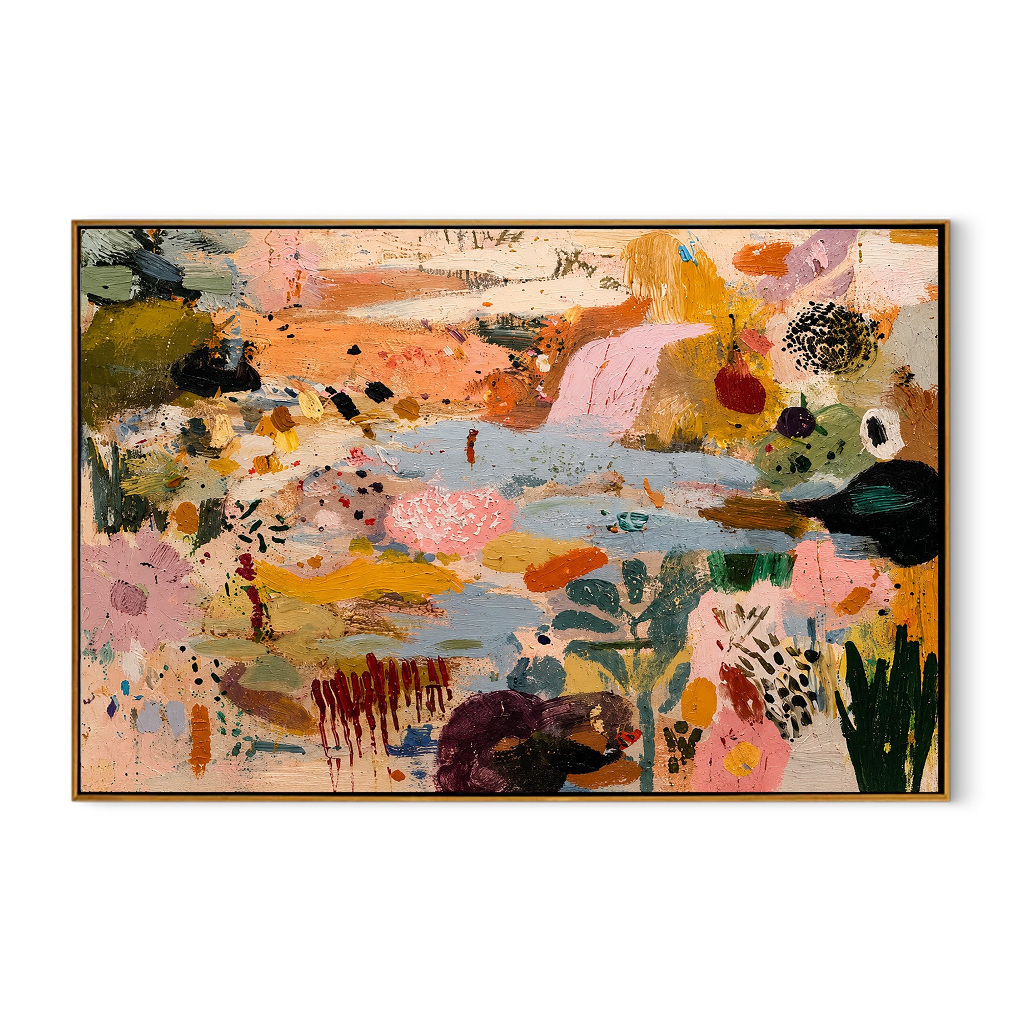 "Bohemian Garden Rhythms" – Modern Heavy Impasto Abstract Botanical | 3D Terracotta, Blush Pink & Sage Palette Knife Painting | Luxury Horizontal Wall Art #PT 907