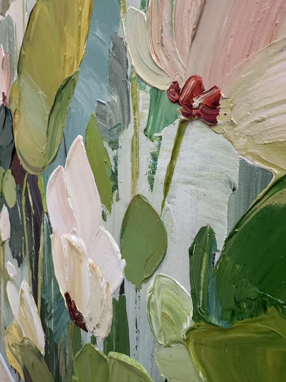 "Ethereal Growth" – Sage Green Impasto Floral Oil Painting | Modern Cream Style Textured Wall Art #FL293