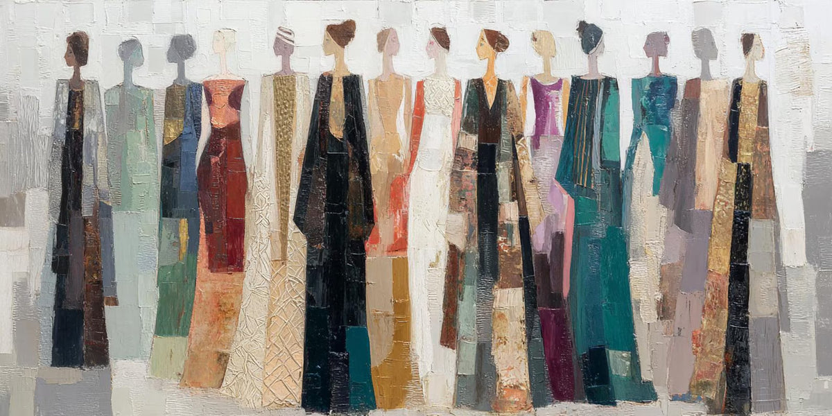 "Colorful Dressed Women Wall" - Modern Heavy Impasto Abstract Artwork | Beige Palette Knife Painting | Luxury Horizontal Wall Art #PT 2619