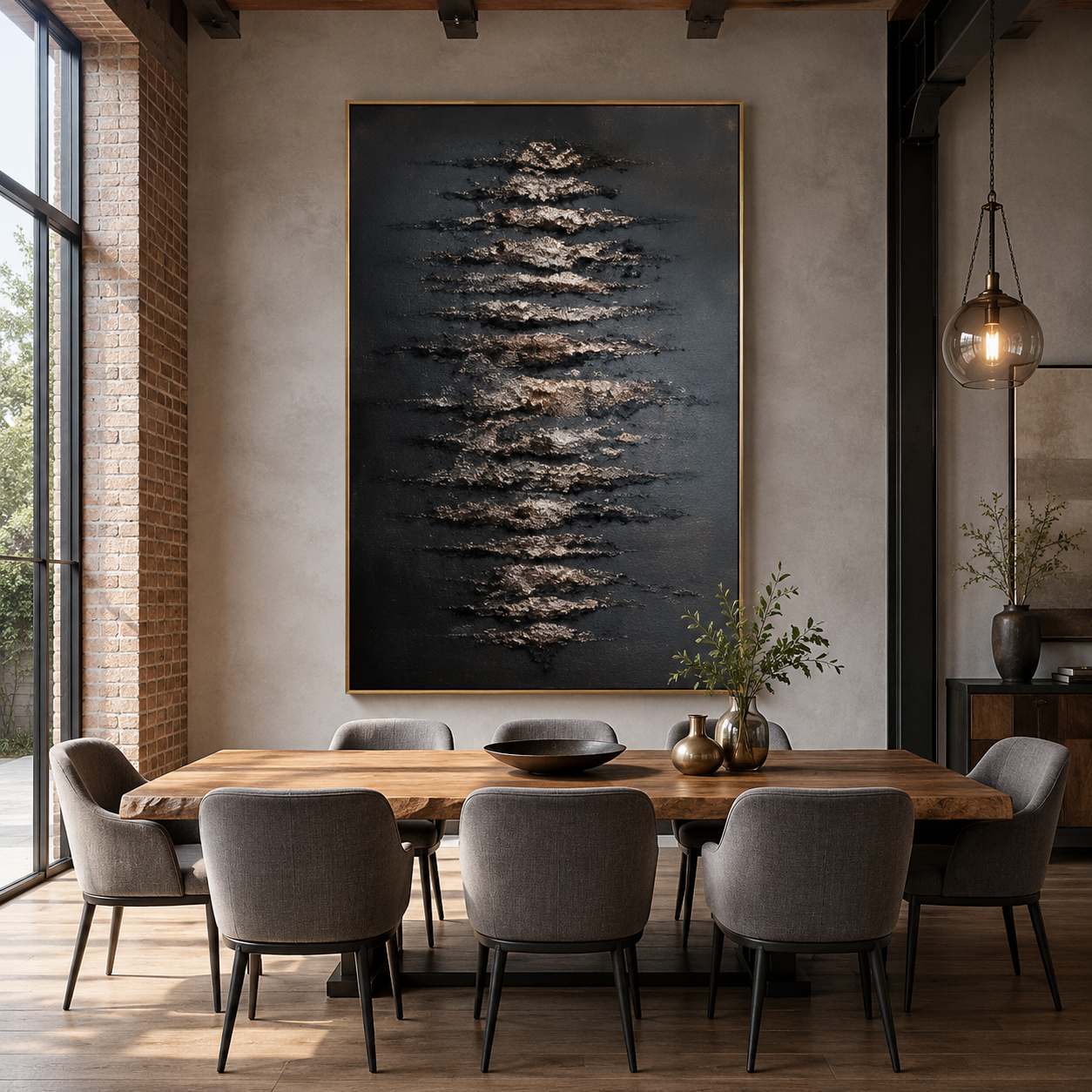 "Gilded Midnight Tide" - Modern Heavy Impasto Abstract Relief | 3D Matte Black & Metallic Gold Palette Knife Painting | Luxury Vertical Wall Art #WS 260