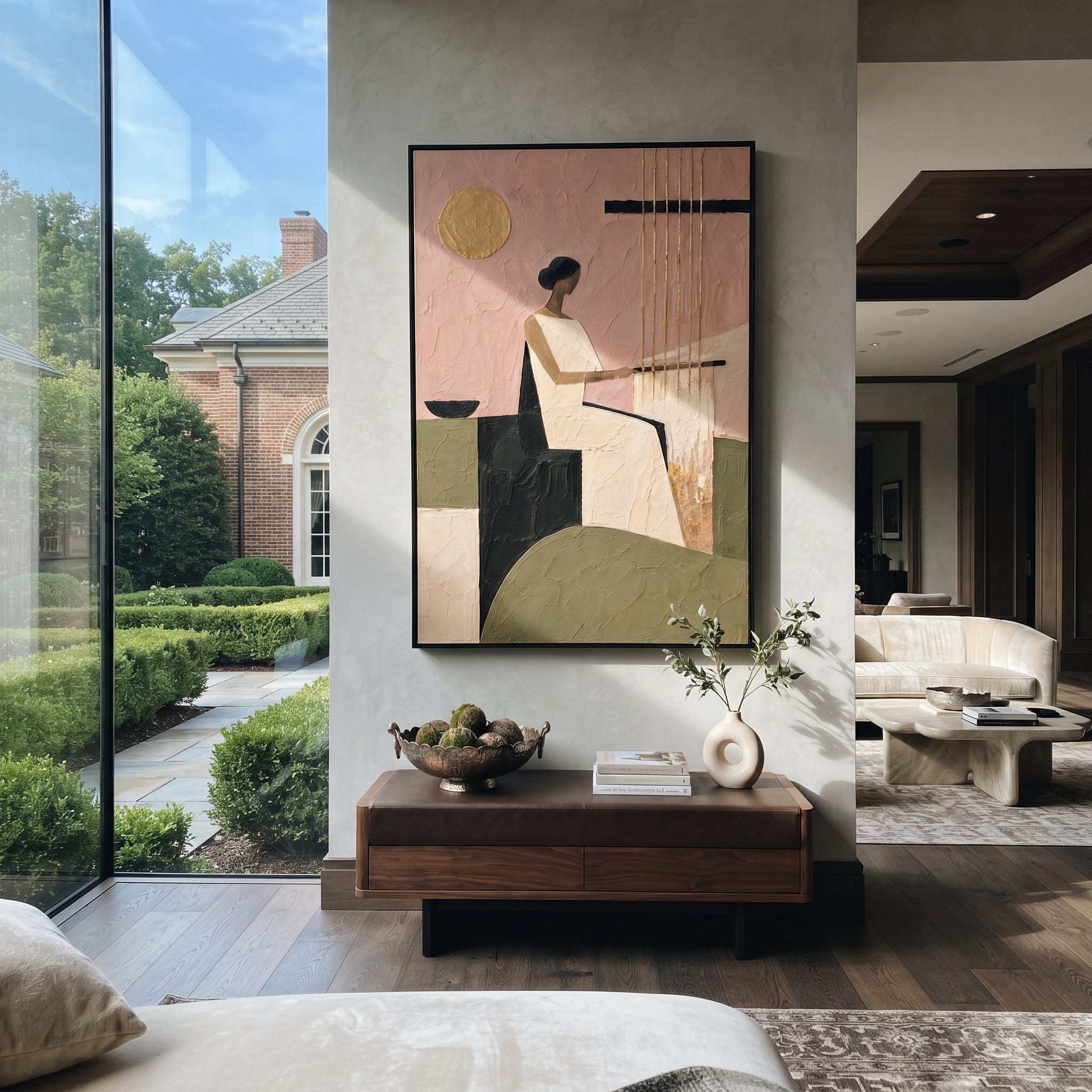 "Penelope At The Loom" turns the famous waiting of Ithaca into a quiet act of resistance. The seated woman faces the vertical threads, suggesting the weaving and unweaving that holds back the suitors while Odysseus is away. The golden disk glows like time passing over the room, and the black horizontal beam gives the soft pink wall a spare, modern tension. Built with tactile impasto and calm geometric balance, this piece brings patience, loyalty, and mythic interior stillness to bedrooms
