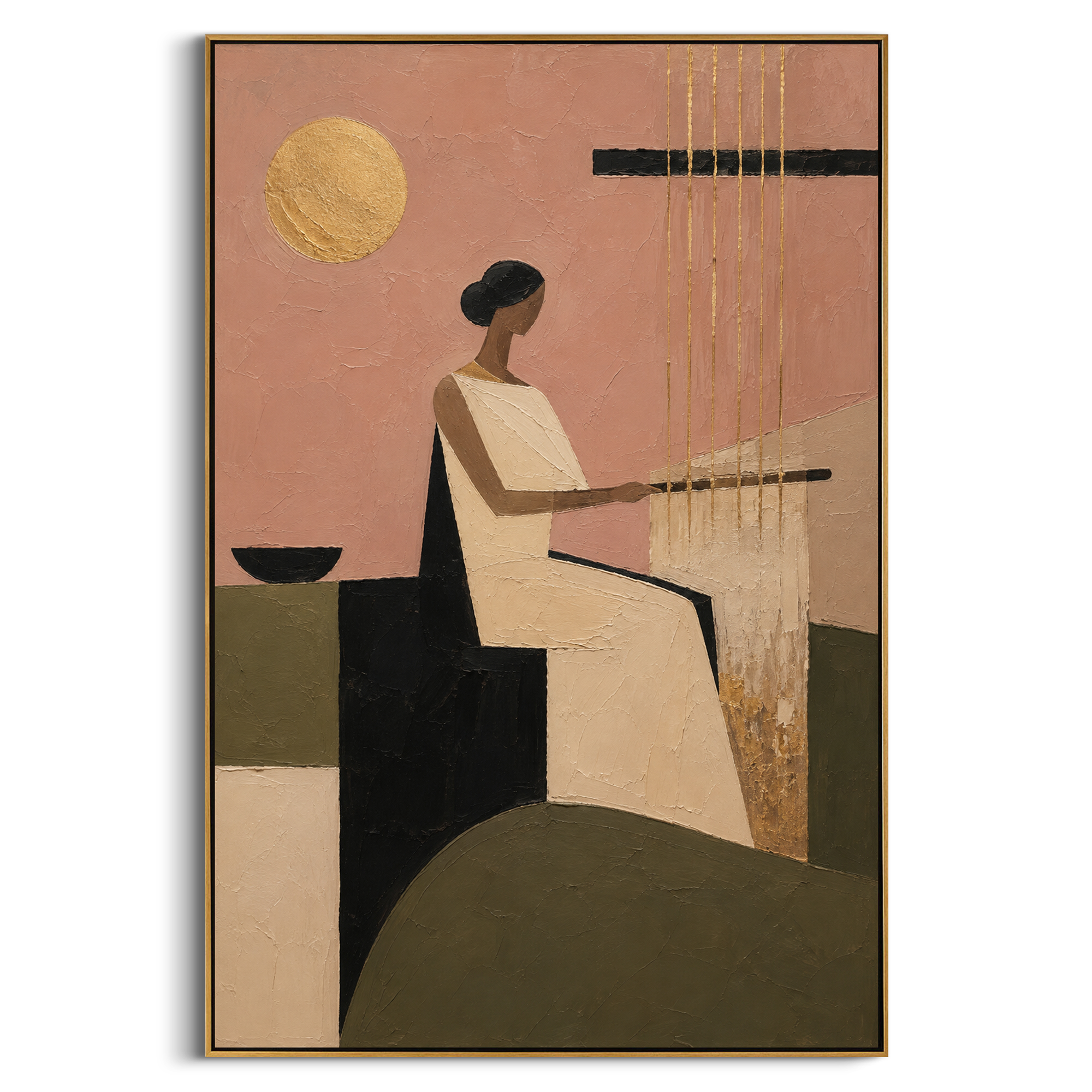 "Penelope At The Loom" turns the famous waiting of Ithaca into a quiet act of resistance. The seated woman faces the vertical threads, suggesting the weaving and unweaving that holds back the suitors while Odysseus is away. The golden disk glows like time passing over the room, and the black horizontal beam gives the soft pink wall a spare, modern tension. Built with tactile impasto and calm geometric balance, this piece brings patience, loyalty, and mythic interior stillness to bedrooms