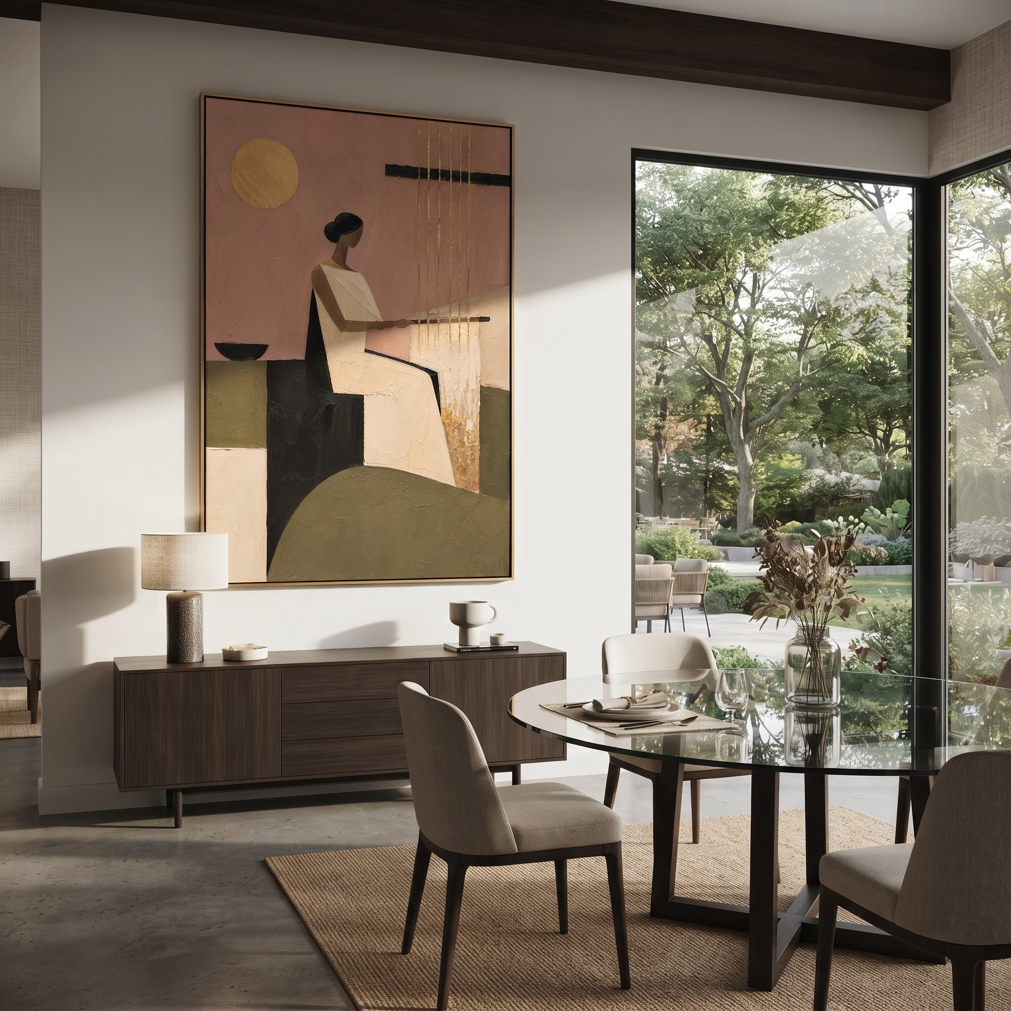 "Penelope At The Loom" turns the famous waiting of Ithaca into a quiet act of resistance. The seated woman faces the vertical threads, suggesting the weaving and unweaving that holds back the suitors while Odysseus is away. The golden disk glows like time passing over the room, and the black horizontal beam gives the soft pink wall a spare, modern tension. Built with tactile impasto and calm geometric balance, this piece brings patience, loyalty, and mythic interior stillness to bedrooms