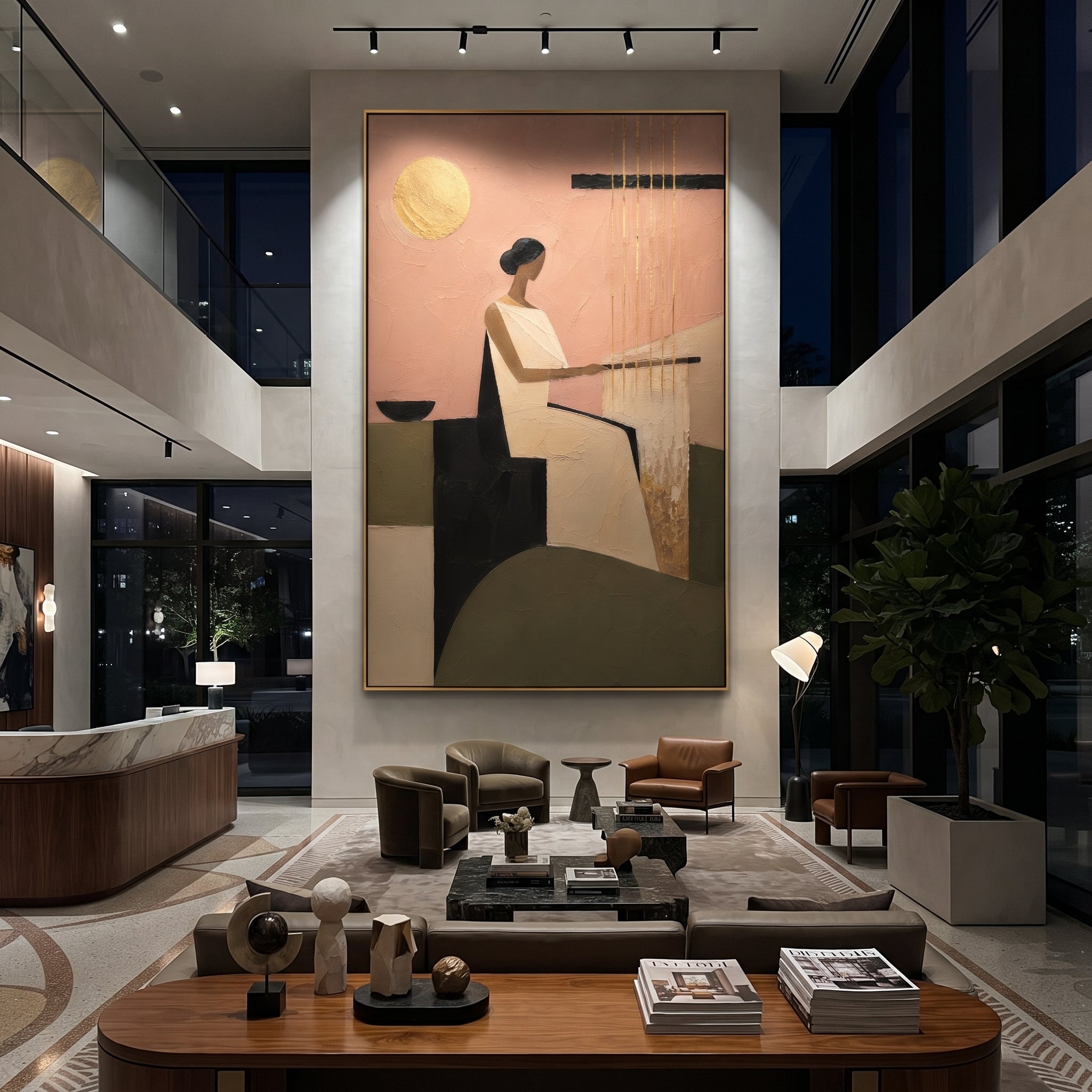 "Penelope At The Loom" turns the famous waiting of Ithaca into a quiet act of resistance. The seated woman faces the vertical threads, suggesting the weaving and unweaving that holds back the suitors while Odysseus is away. The golden disk glows like time passing over the room, and the black horizontal beam gives the soft pink wall a spare, modern tension. Built with tactile impasto and calm geometric balance, this piece brings patience, loyalty, and mythic interior stillness to bedrooms