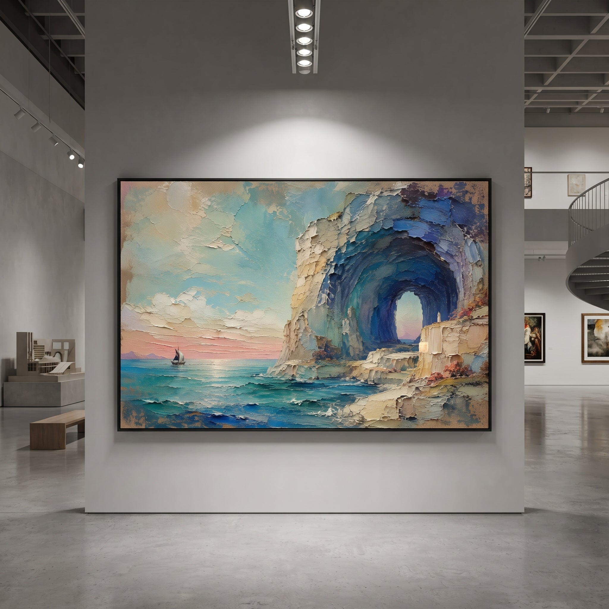"Calypso Sea Cave Farewell" reimagines the island of Ogygia as a vast blue arch opening toward freedom. The tiny boat waits beyond the blue-green water while the white figure remains on the stone ledge, caught between shelter and release. The cave can be read as Calypso island, beautiful enough to delay the journey yet unable to stop the pull of Ithaca. Thick palette-knife layers in sky, cliff, flowers, and water give the scene a romantic coastal weight, ideal for living rooms, dining rooms
