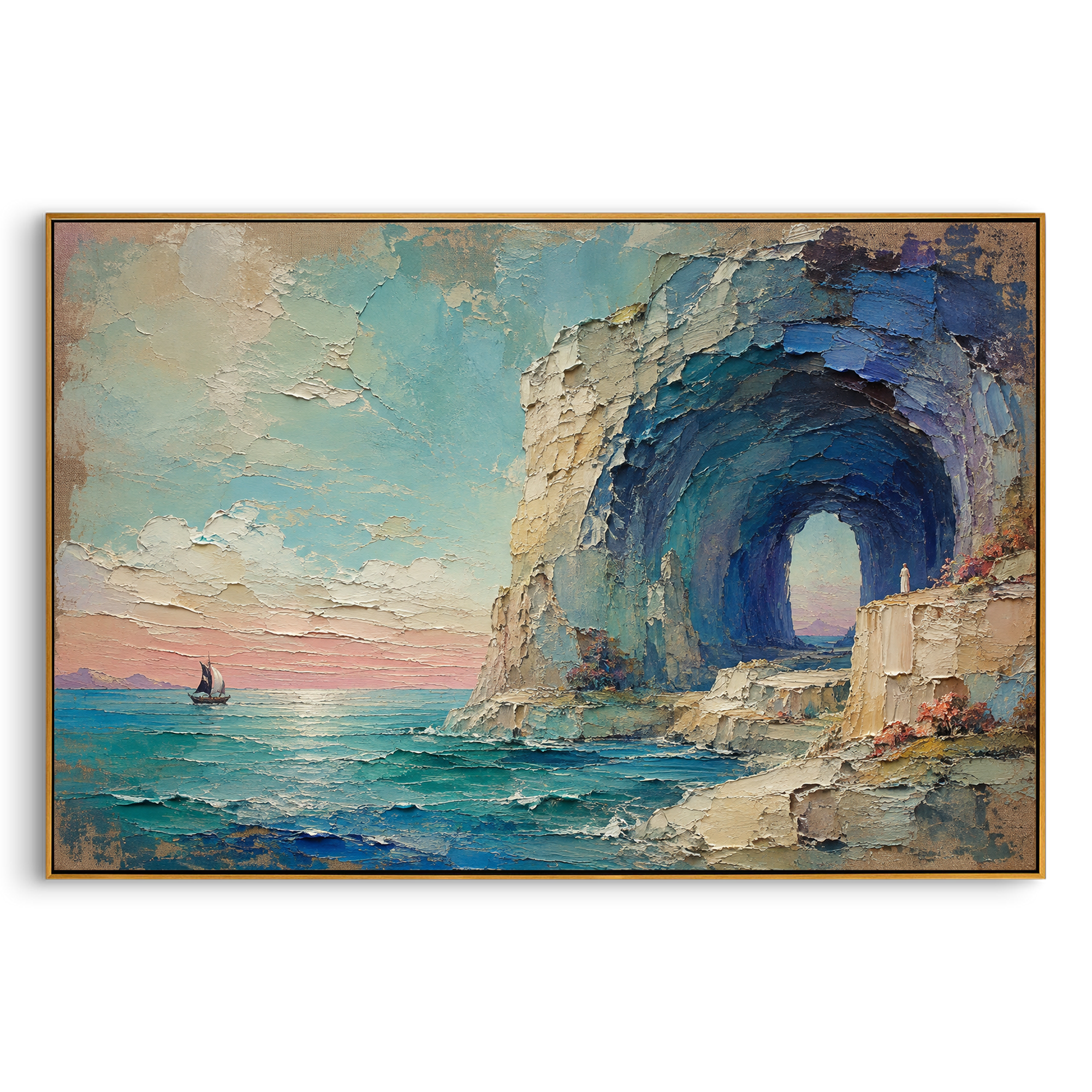 "Calypso Sea Cave Farewell" reimagines the island of Ogygia as a vast blue arch opening toward freedom. The tiny boat waits beyond the blue-green water while the white figure remains on the stone ledge, caught between shelter and release. The cave can be read as Calypso island, beautiful enough to delay the journey yet unable to stop the pull of Ithaca. Thick palette-knife layers in sky, cliff, flowers, and water give the scene a romantic coastal weight, ideal for living rooms, dining rooms