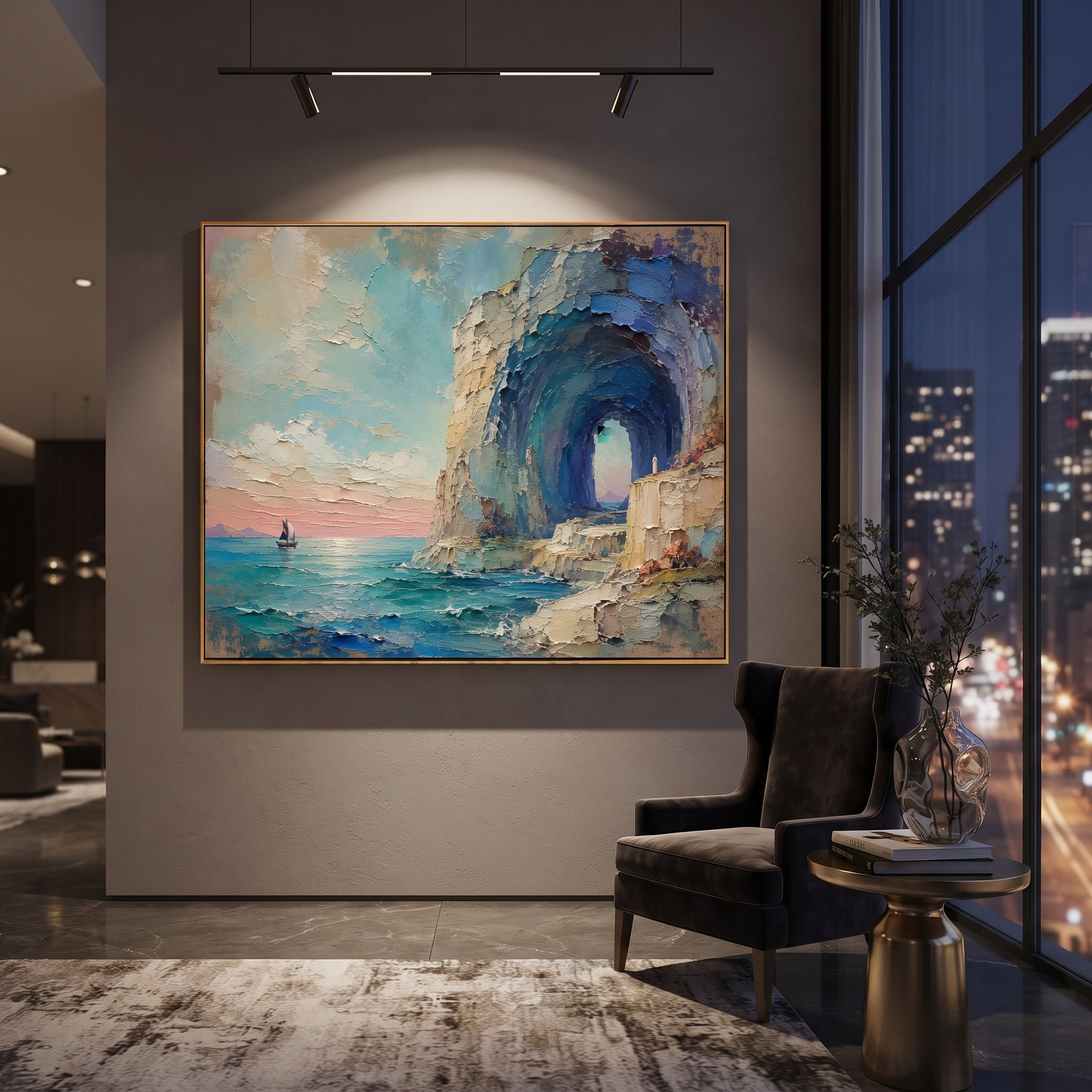 "Calypso Sea Cave Farewell" reimagines the island of Ogygia as a vast blue arch opening toward freedom. The tiny boat waits beyond the blue-green water while the white figure remains on the stone ledge, caught between shelter and release. The cave can be read as Calypso island, beautiful enough to delay the journey yet unable to stop the pull of Ithaca. Thick palette-knife layers in sky, cliff, flowers, and water give the scene a romantic coastal weight, ideal for living rooms, dining rooms