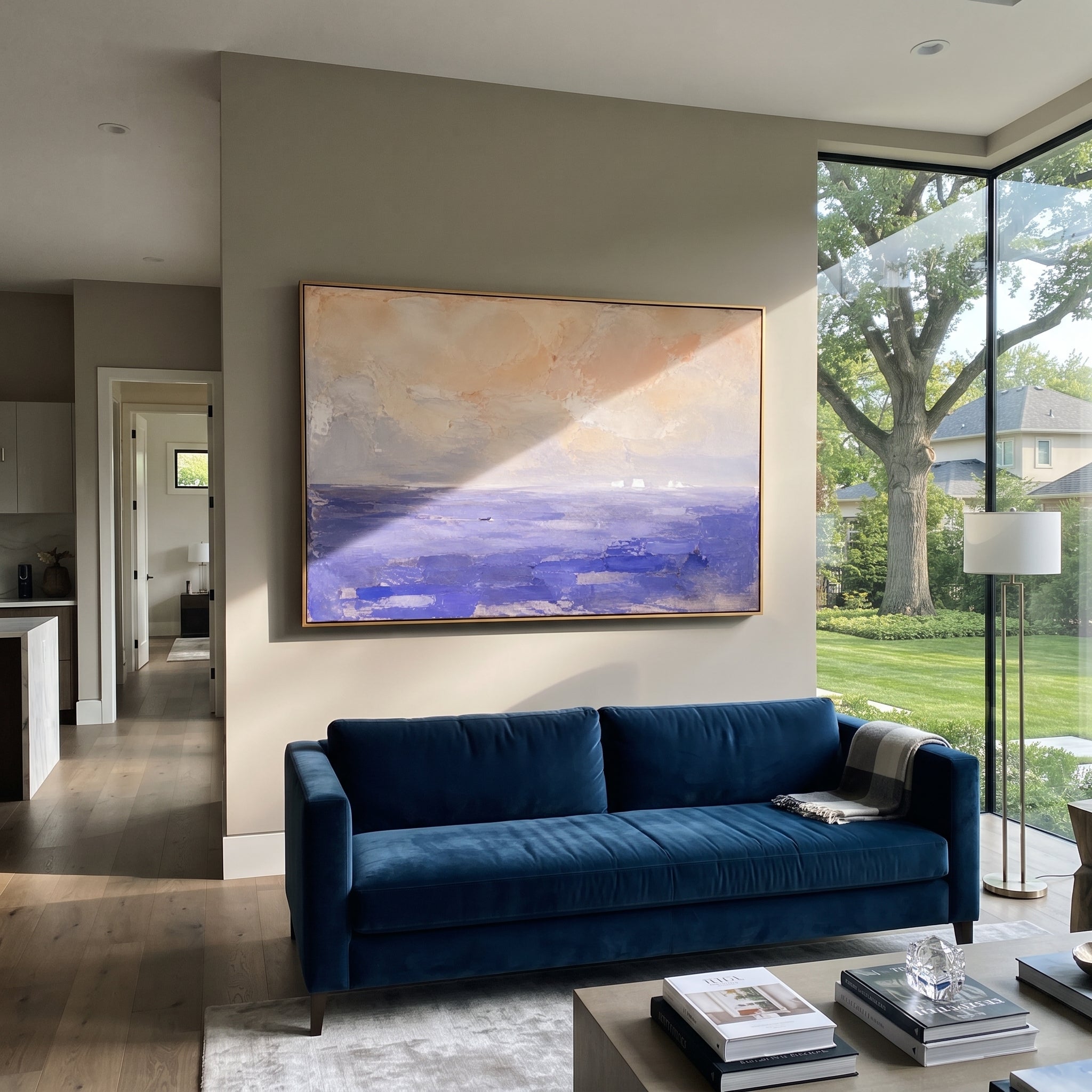 "Lotus Sea Of Forgetting" interprets the Lotus Eaters episode as a nearly empty seascape where stillness becomes temptation. The small boat is almost swallowed by blue water and soft pink light, as if the crew could forget the urgency of home in the beauty of the horizon. Instead of showing figures, the painting lets color and distance tell the story of delay, dream, and fragile memory. Its restrained impasto surface and open horizontal format bring a poetic Odyssey calm to bedrooms, living
