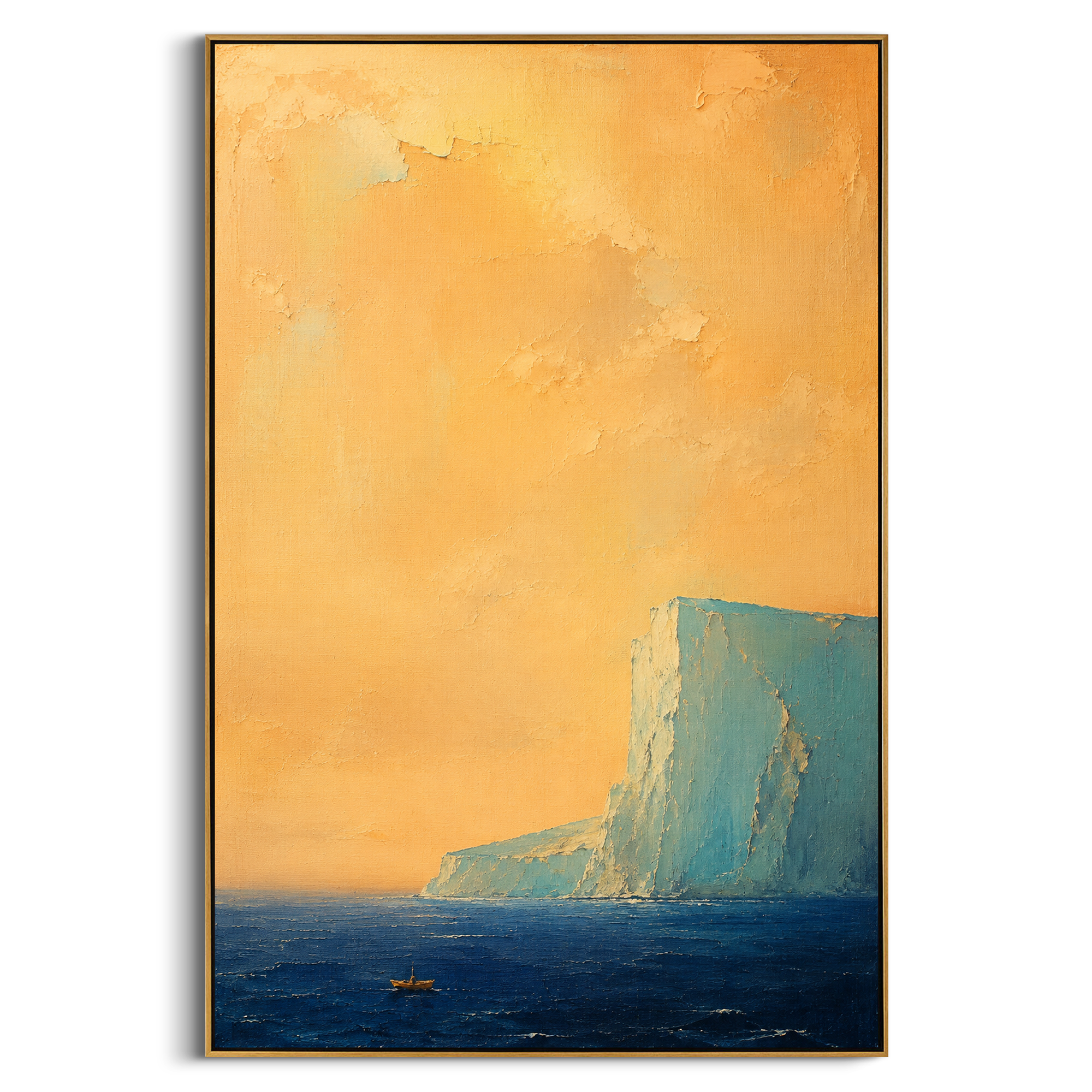 "Scylla Cliff At Golden Dusk" turns the monster passage of the Odyssey into an immense coastal wall of color. The boat is deliberately small, held low against the sea while the cliff rises like a living threat and the warm sky presses down with mythic heat. The painting does not need to show the creature directly; scale, silence, and the narrow route create the danger. Heavy impasto across the cliff face and glowing sky gives this vertical work a dramatic handmade presence for tall entry spaces