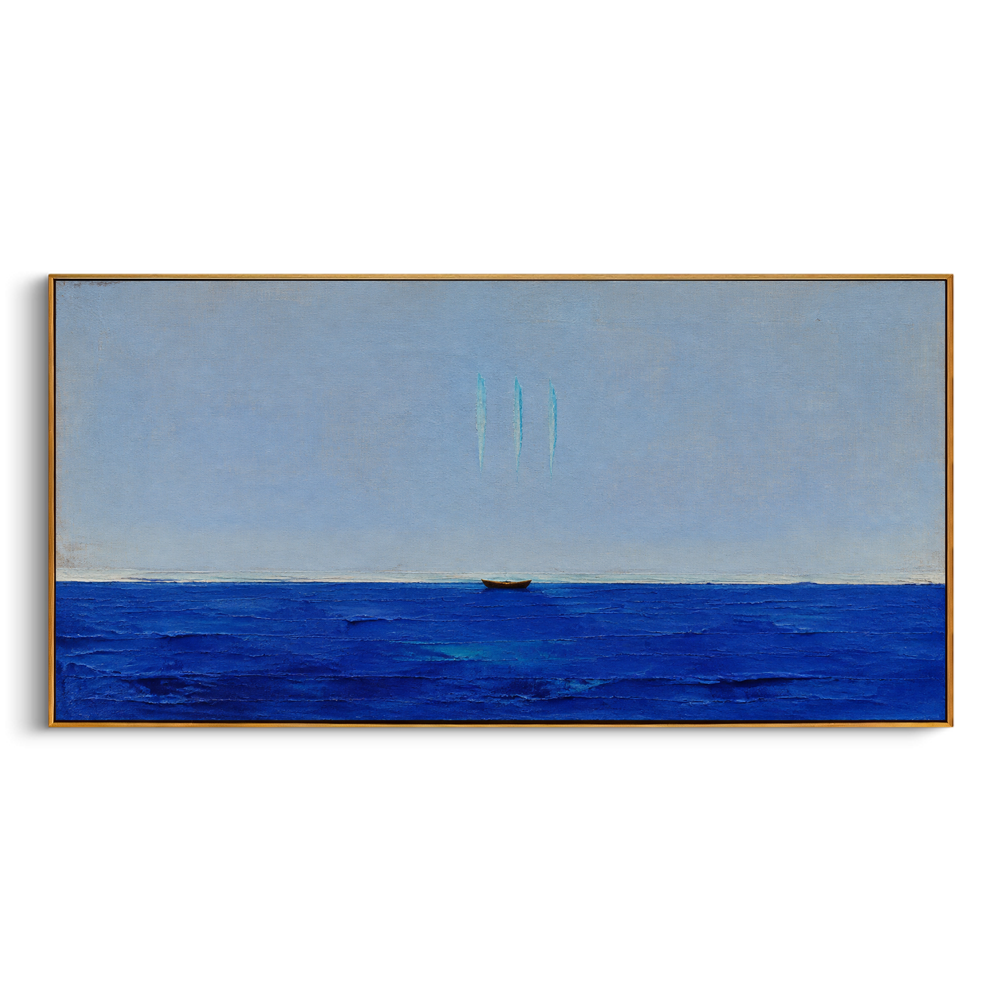 "Sirens Three Voices Above The Sea" interprets the Sirens as marks of sound rather than bodies. The boat sits low and vulnerable in a wide field of blue, while three slim turquoise traces hover overhead like voices that cannot be seen but cannot be ignored. The spare composition gives the episode a modern, almost meditative danger: beauty appears as distance, silence, and restraint. Built with thick horizontal sea texture and a calm sky, this panoramic artwork fits above sofas, beds, consoles