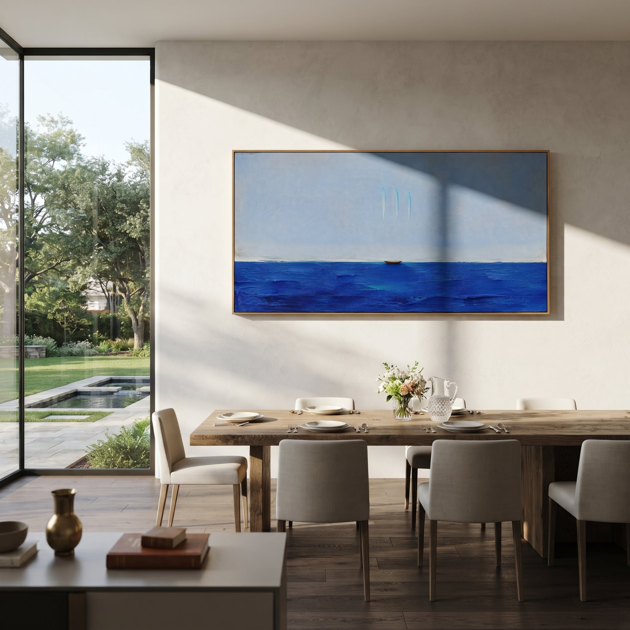 "Sirens Three Voices Above The Sea" interprets the Sirens as marks of sound rather than bodies. The boat sits low and vulnerable in a wide field of blue, while three slim turquoise traces hover overhead like voices that cannot be seen but cannot be ignored. The spare composition gives the episode a modern, almost meditative danger: beauty appears as distance, silence, and restraint. Built with thick horizontal sea texture and a calm sky, this panoramic artwork fits above sofas, beds, consoles