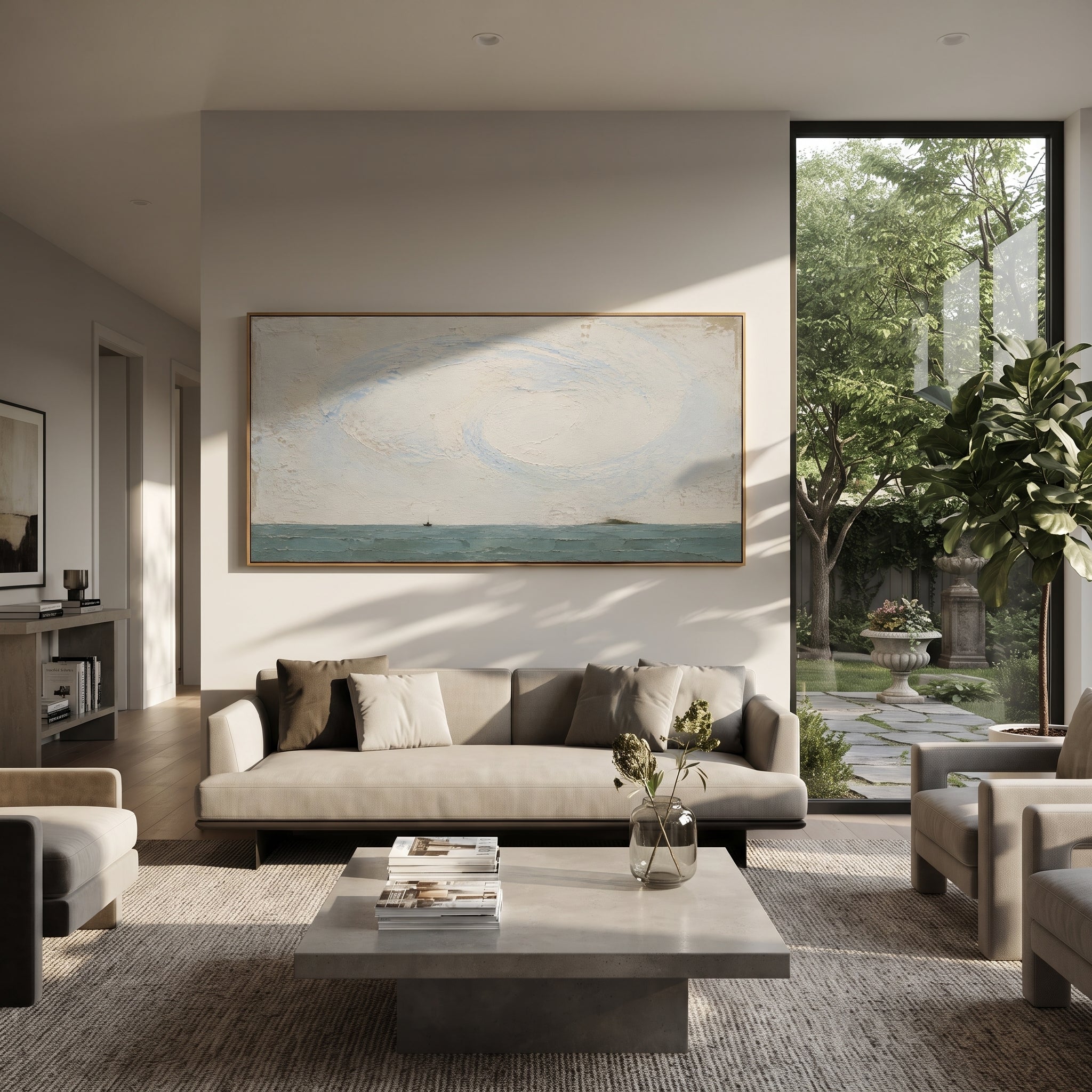 "Aeolus Wind Over The Small Boat" visualizes the gift of the winds as a fragile promise hanging over the voyage. The tiny vessel is nearly lost on the horizon, while the broad spiral above it suggests invisible power gathered, sealed, and waiting to change the course home. Soft grey plaster, muted blue water, and the circular sky movement make the scene feel ancient and modern at once. The wide format brings a calm but story-rich Odyssey atmosphere to living rooms, bedrooms, offices, spa