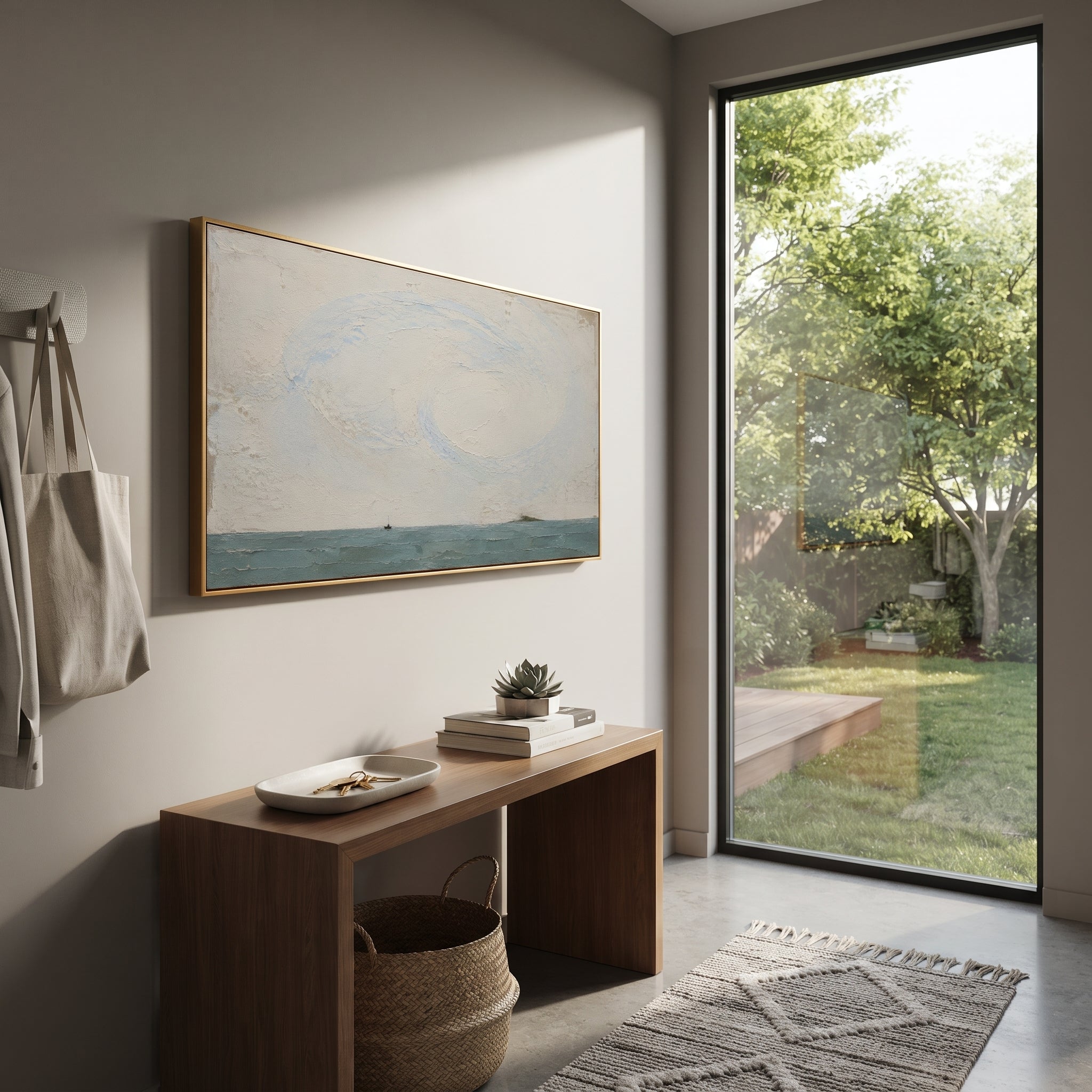 "Aeolus Wind Over The Small Boat" visualizes the gift of the winds as a fragile promise hanging over the voyage. The tiny vessel is nearly lost on the horizon, while the broad spiral above it suggests invisible power gathered, sealed, and waiting to change the course home. Soft grey plaster, muted blue water, and the circular sky movement make the scene feel ancient and modern at once. The wide format brings a calm but story-rich Odyssey atmosphere to living rooms, bedrooms, offices, spa