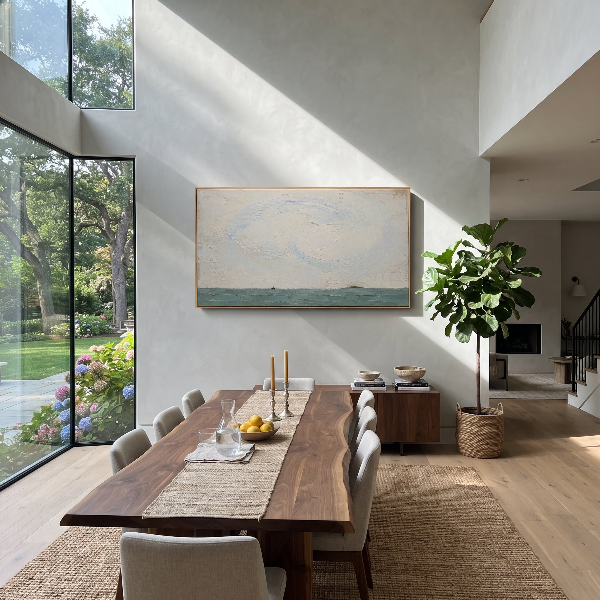"Aeolus Wind Over The Small Boat" visualizes the gift of the winds as a fragile promise hanging over the voyage. The tiny vessel is nearly lost on the horizon, while the broad spiral above it suggests invisible power gathered, sealed, and waiting to change the course home. Soft grey plaster, muted blue water, and the circular sky movement make the scene feel ancient and modern at once. The wide format brings a calm but story-rich Odyssey atmosphere to living rooms, bedrooms, offices, spa