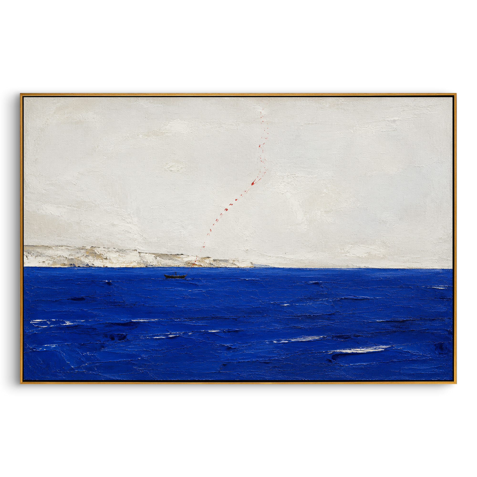 "Red Thread Route To Ithaca" turns Odysseus route home into a single broken red line. The boat rests low on the blue water while the dotted path rises through the empty sky, like memory, prophecy, or a wound left by travel. The composition feels both map and omen, reducing the entire journey to direction, risk, and longing. Thick cobalt sea texture and quiet white plaster give the artwork a restrained power for modern living rooms, hallways, offices, bedrooms, and gallery-style interiors.