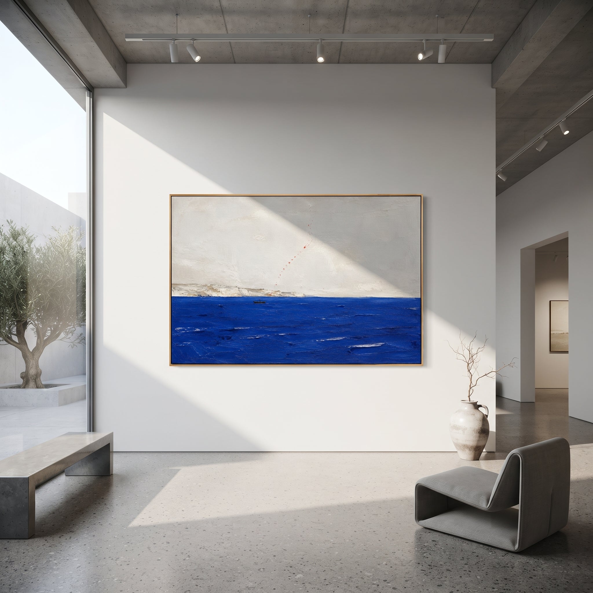 "Red Thread Route To Ithaca" turns Odysseus route home into a single broken red line. The boat rests low on the blue water while the dotted path rises through the empty sky, like memory, prophecy, or a wound left by travel. The composition feels both map and omen, reducing the entire journey to direction, risk, and longing. Thick cobalt sea texture and quiet white plaster give the artwork a restrained power for modern living rooms, hallways, offices, bedrooms, and gallery-style interiors.