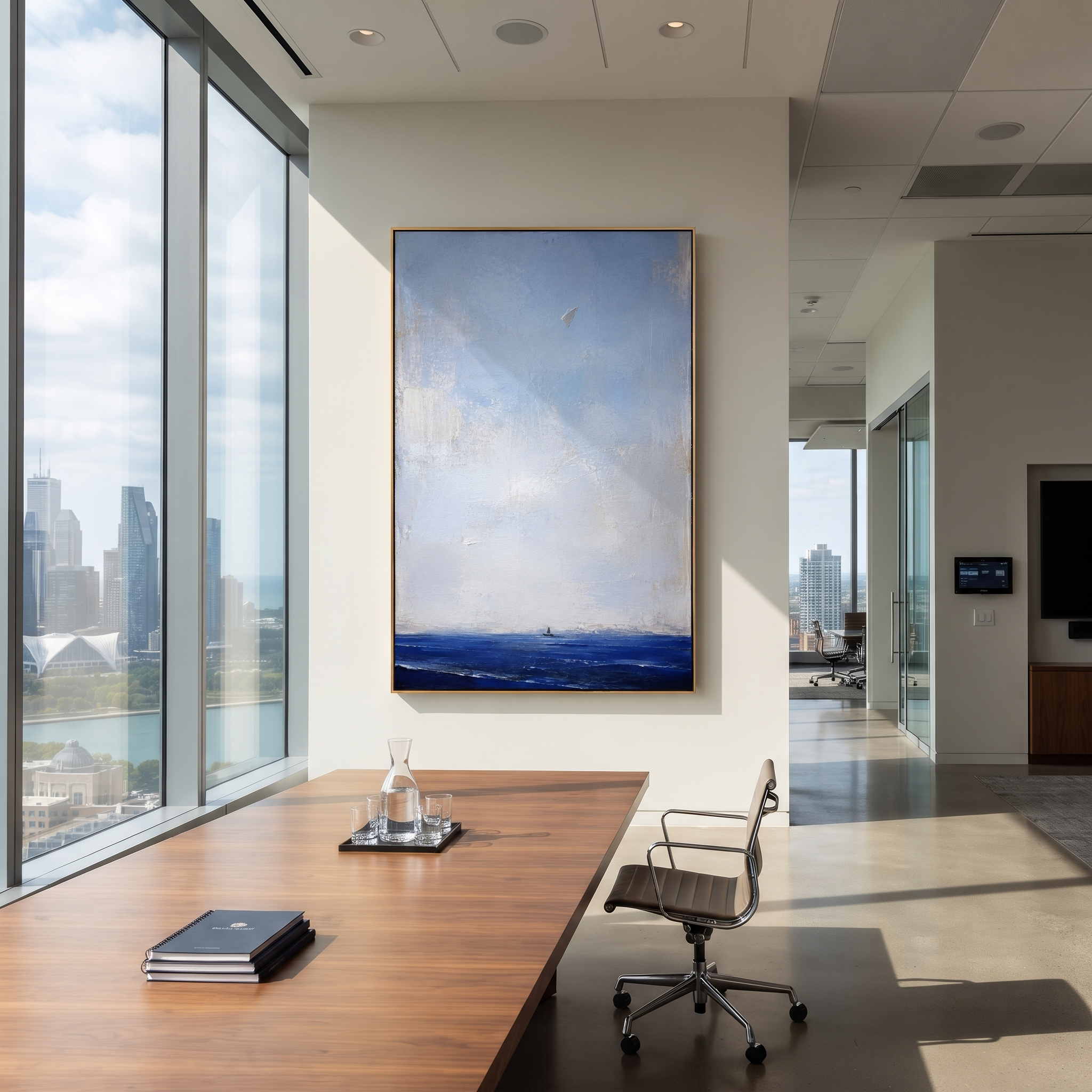 "Paper Omen Above The Homeward Sea" reads like a quiet message from Athena carried over the voyage. The little sail near the horizon suggests Odysseus still far from home, while the folded white form above feels like a sign, a map, or a prayer released into the sky. The image uses absence and scale to create emotion: most of the canvas is air, distance, and waiting. Layered blue and white impasto gives this vertical work a serene Odyssey mood for bedrooms, offices, quiet living rooms, beach