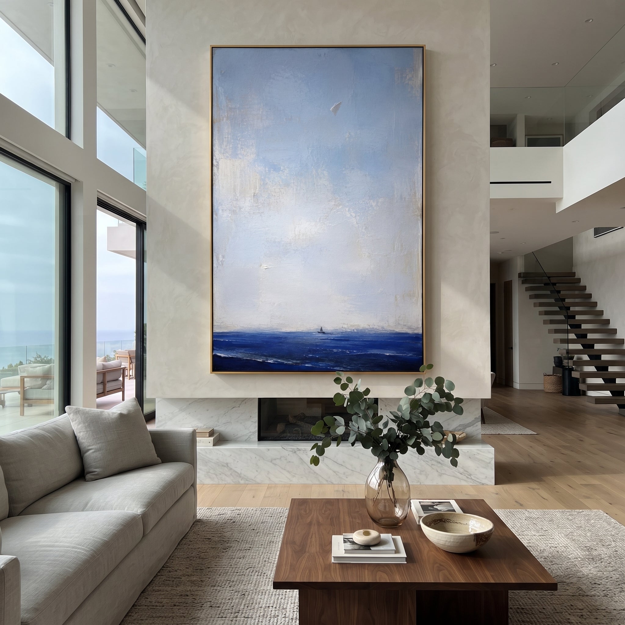 "Paper Omen Above The Homeward Sea" reads like a quiet message from Athena carried over the voyage. The little sail near the horizon suggests Odysseus still far from home, while the folded white form above feels like a sign, a map, or a prayer released into the sky. The image uses absence and scale to create emotion: most of the canvas is air, distance, and waiting. Layered blue and white impasto gives this vertical work a serene Odyssey mood for bedrooms, offices, quiet living rooms, beach