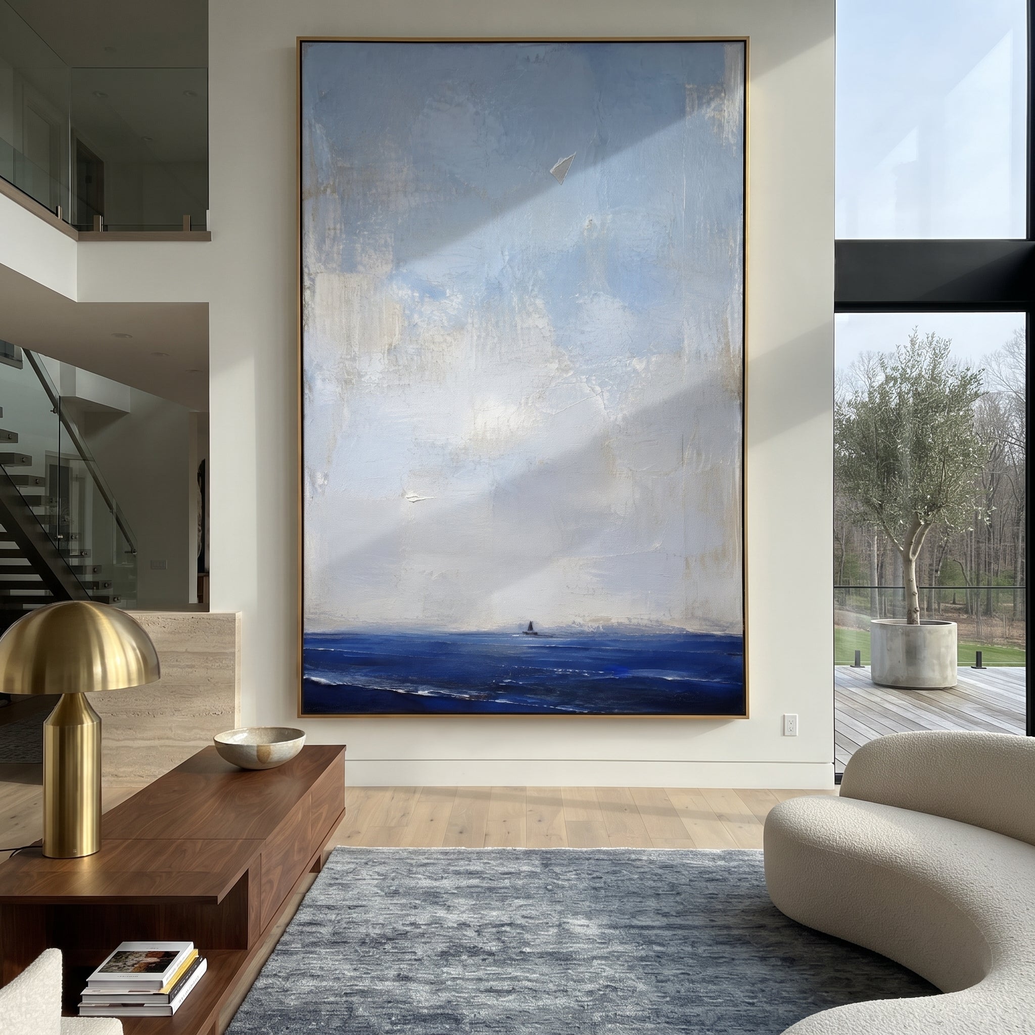 "Paper Omen Above The Homeward Sea" reads like a quiet message from Athena carried over the voyage. The little sail near the horizon suggests Odysseus still far from home, while the folded white form above feels like a sign, a map, or a prayer released into the sky. The image uses absence and scale to create emotion: most of the canvas is air, distance, and waiting. Layered blue and white impasto gives this vertical work a serene Odyssey mood for bedrooms, offices, quiet living rooms, beach