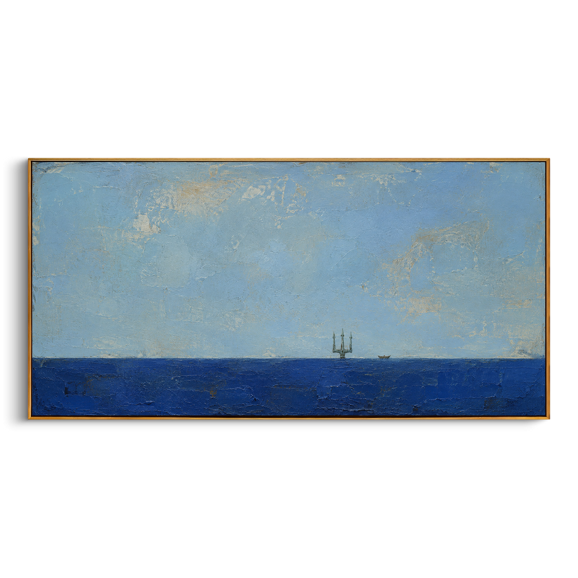 "Poseidon Trident On The Horizon" makes the god of the sea present through one stark symbol. The trident stands where sky meets water, watching the small vessel from a distance and turning the otherwise quiet passage into a test of fate. Its restraint gives the Odyssey tension without storm or spectacle: the power is still, vertical, and unavoidable. Layered blue impasto and weathered sky texture make this panoramic artwork a strong but calm focal point above sofas, beds, consoles, dining