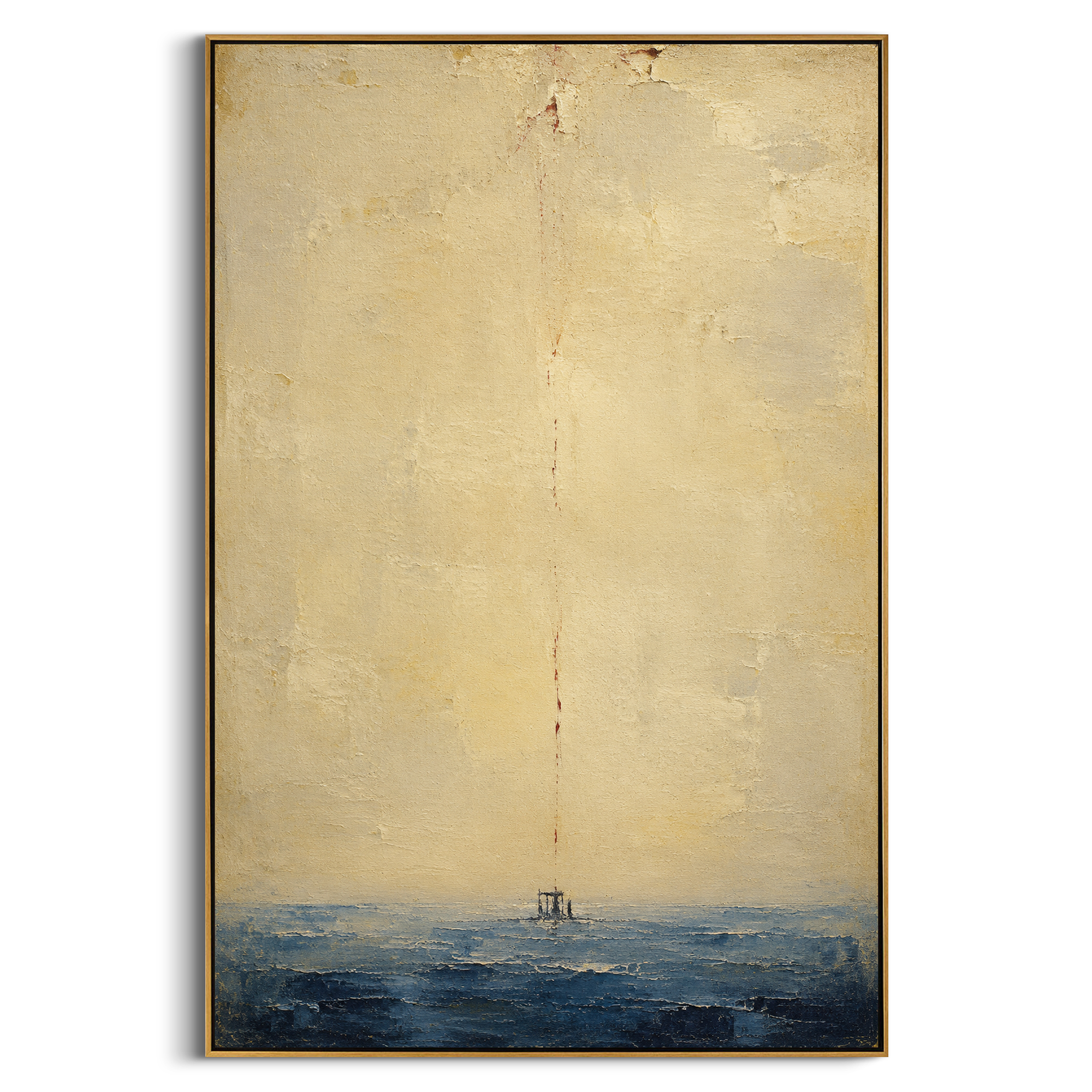 "Bloodline Above The Returning Raft" reduces the peril of Odysseus journey to a thin red mark falling toward the sea. The tiny structure at the horizon can read as a battered raft, a shrine, or the last fragile craft after shipwreck, while the red line suggests sacrifice, memory, and the cost of survival. The broad warm sky makes the mark feel ceremonial rather than violent, giving the image the gravity of an oath carried home. Its vertical format and heavy impasto surface bring a quiet mythic