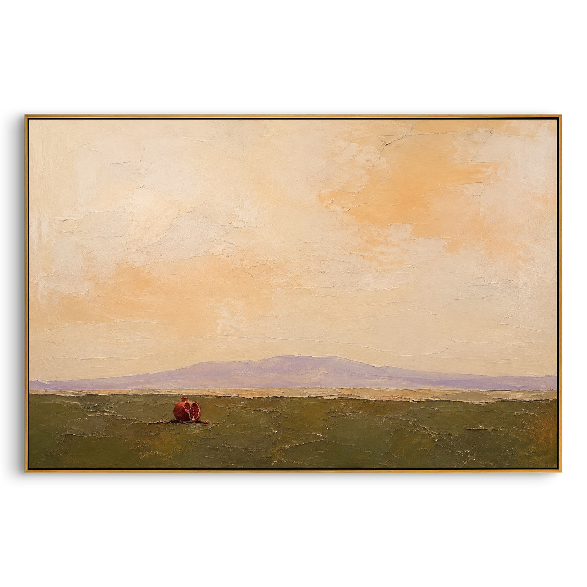 "Persephone Pomegranate At Distant Shore" brings an underworld symbol into the wider Greek mythic atmosphere surrounding the Odyssey. The opened fruit sits alone in the foreground like a choice already made, while the far mountain and warm sky hold the stillness of a threshold. Its red seeds suggest memory, debt, and the invisible bargains that follow travelers across land and sea. Thick plaster texture and muted earth color make this horizontal work suited to dining rooms, entries, living