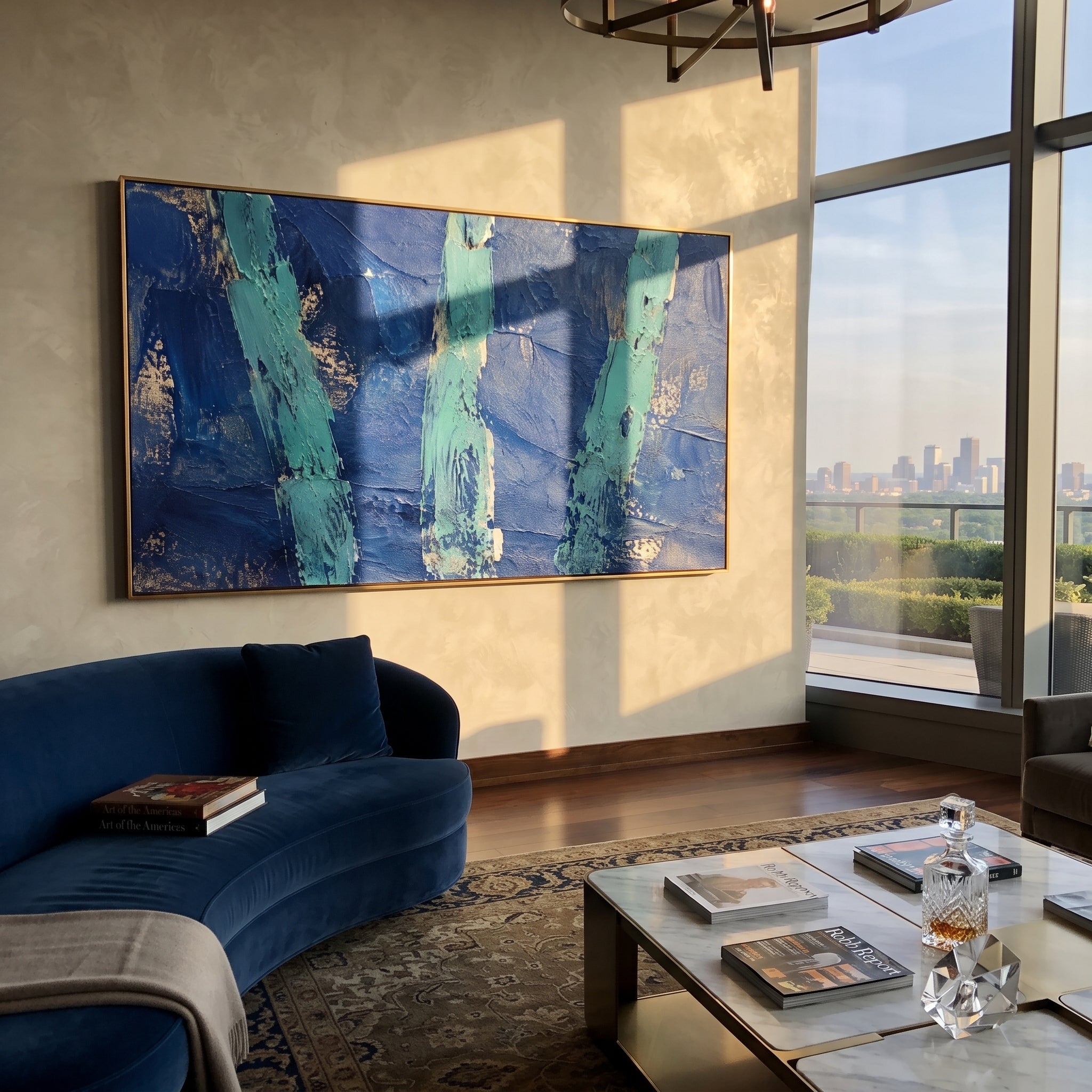 "Three Sea Pillars Of The Sirens" treats the Sirens as vertical ruins of sound standing in the dark sea. The three turquoise forms feel weathered, broken, and half-submerged, as if voices have become columns after years of calling ships from the route home. Deep blue impasto gives the background the weight of night water, while the scraped metallic undertones add a sense of ancient erosion. This panoramic abstract piece brings Odyssey symbolism and bold texture to living rooms, offices
