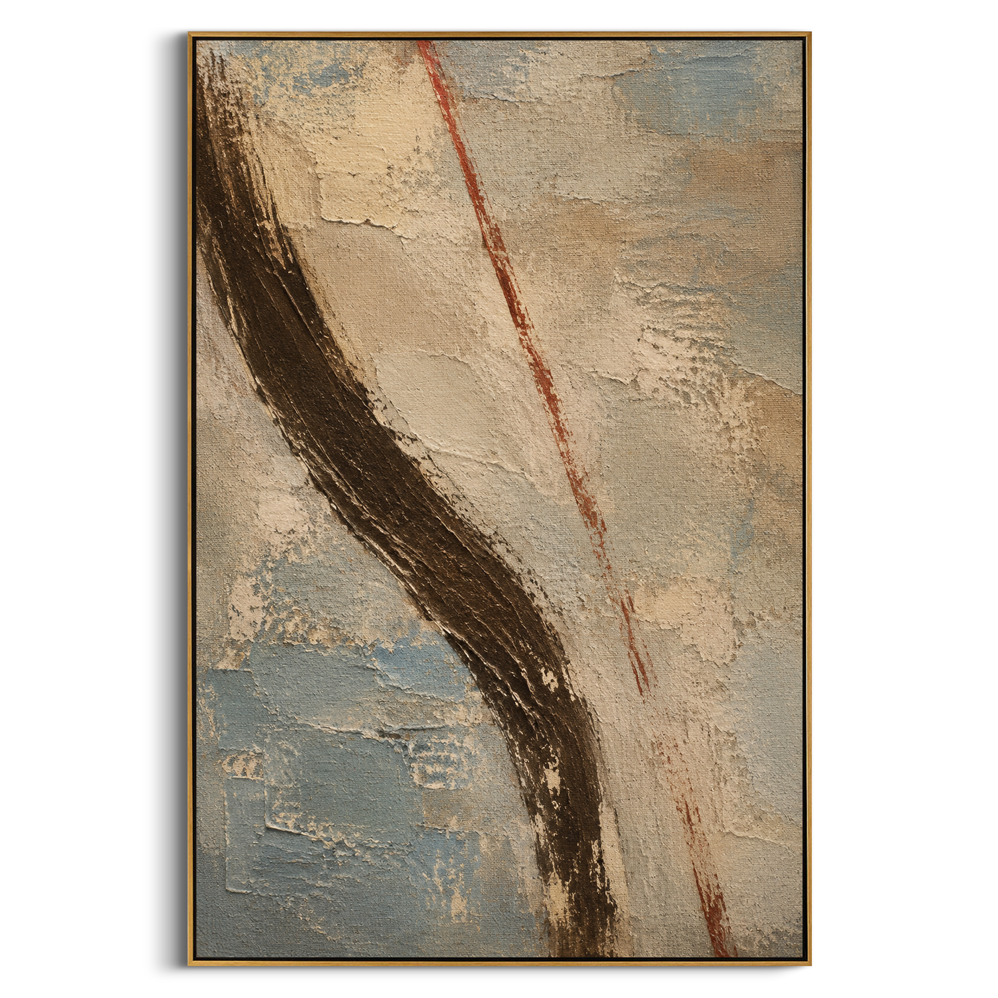 "Odysseus Bow And Red Trial Line" abstracts the bow contest into two decisive marks. The dark curve carries the weight of the weapon only Odysseus can command, while the red line cuts down the field like the path of an arrow or the final test of identity. The surrounding plaster is weathered and quiet, making the few marks feel ceremonial and exact. This vertical artwork brings a restrained Homeric drama to entryways, studies, bedrooms, offices, and minimalist interiors that need story without
