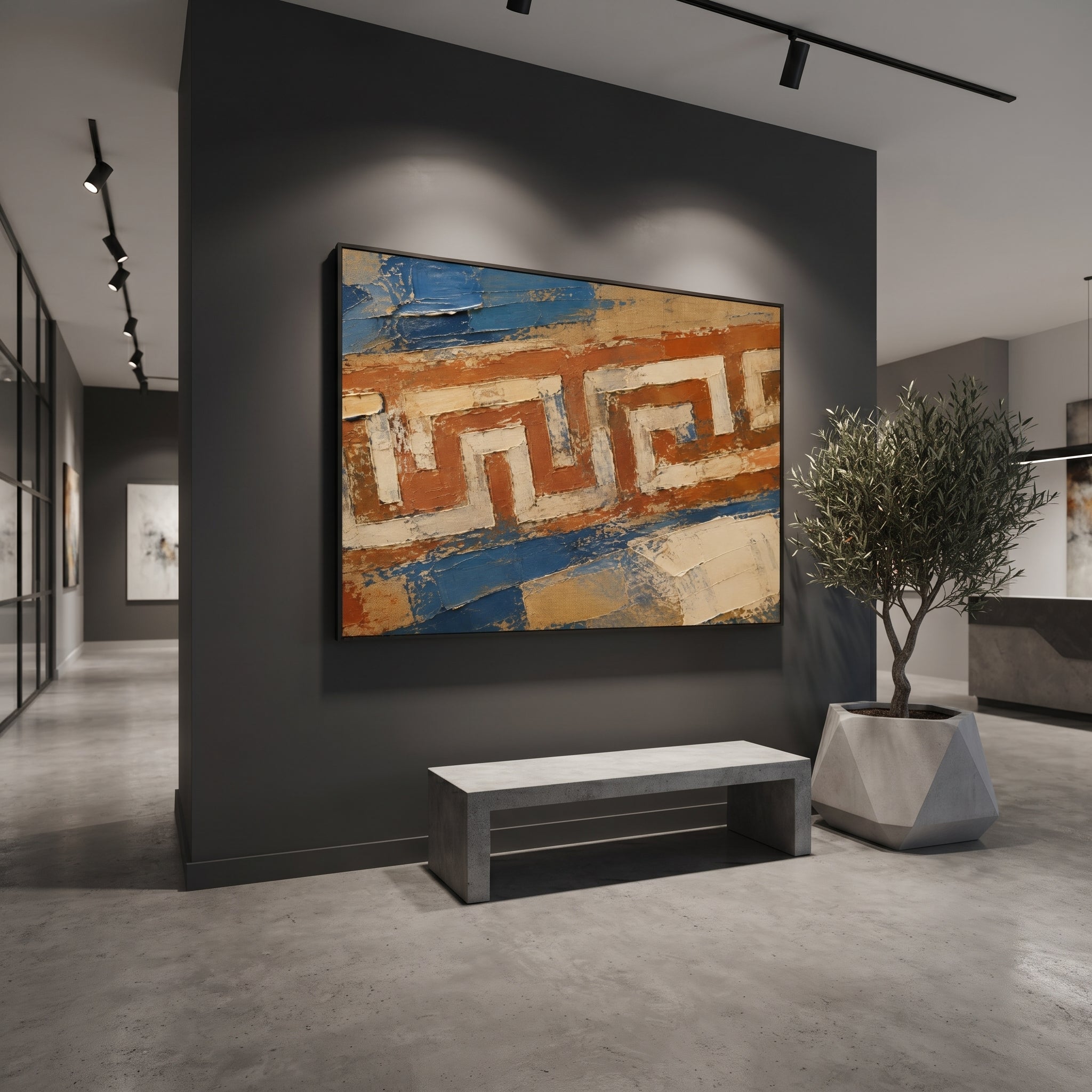 "Cretan Labyrinth Map In Red And Blue" connects the Odyssey with the wider Greek world of maze, trial, and return. The repeated angular path feels like a map no traveler can read at once, while scraped red earth, cream plaster, and blue bands give the surface the look of an ancient wall fragment.