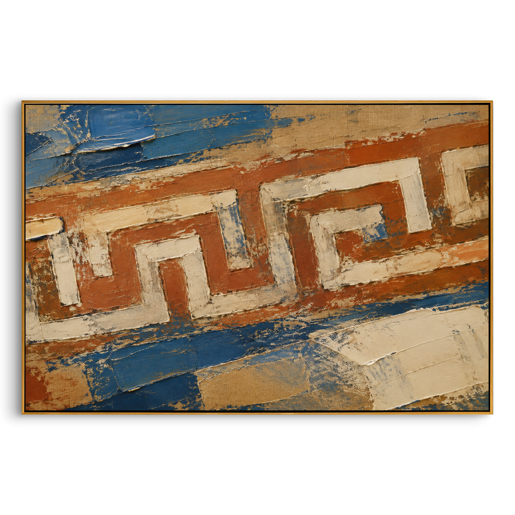 "Cretan Labyrinth Map In Red And Blue" connects the Odyssey with the wider Greek world of maze, trial, and return. The repeated angular path feels like a map no traveler can read at once, while scraped red earth, cream plaster, and blue bands give the surface the look of an ancient wall fragment.