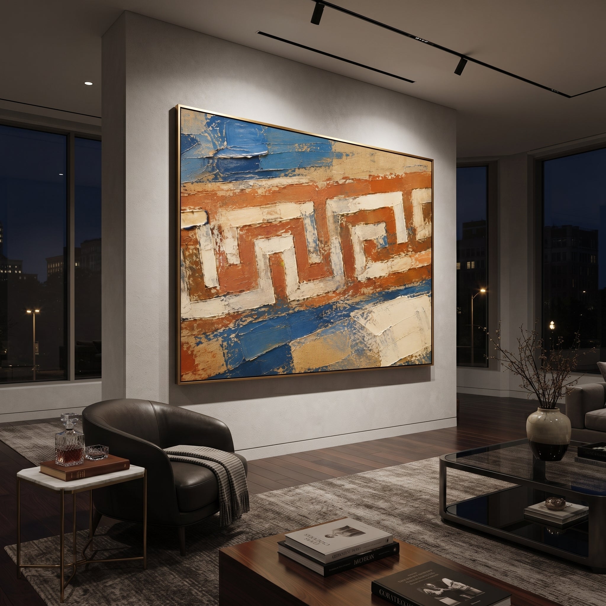 "Cretan Labyrinth Map In Red And Blue" connects the Odyssey with the wider Greek world of maze, trial, and return. The repeated angular path feels like a map no traveler can read at once, while scraped red earth, cream plaster, and blue bands give the surface the look of an ancient wall fragment.