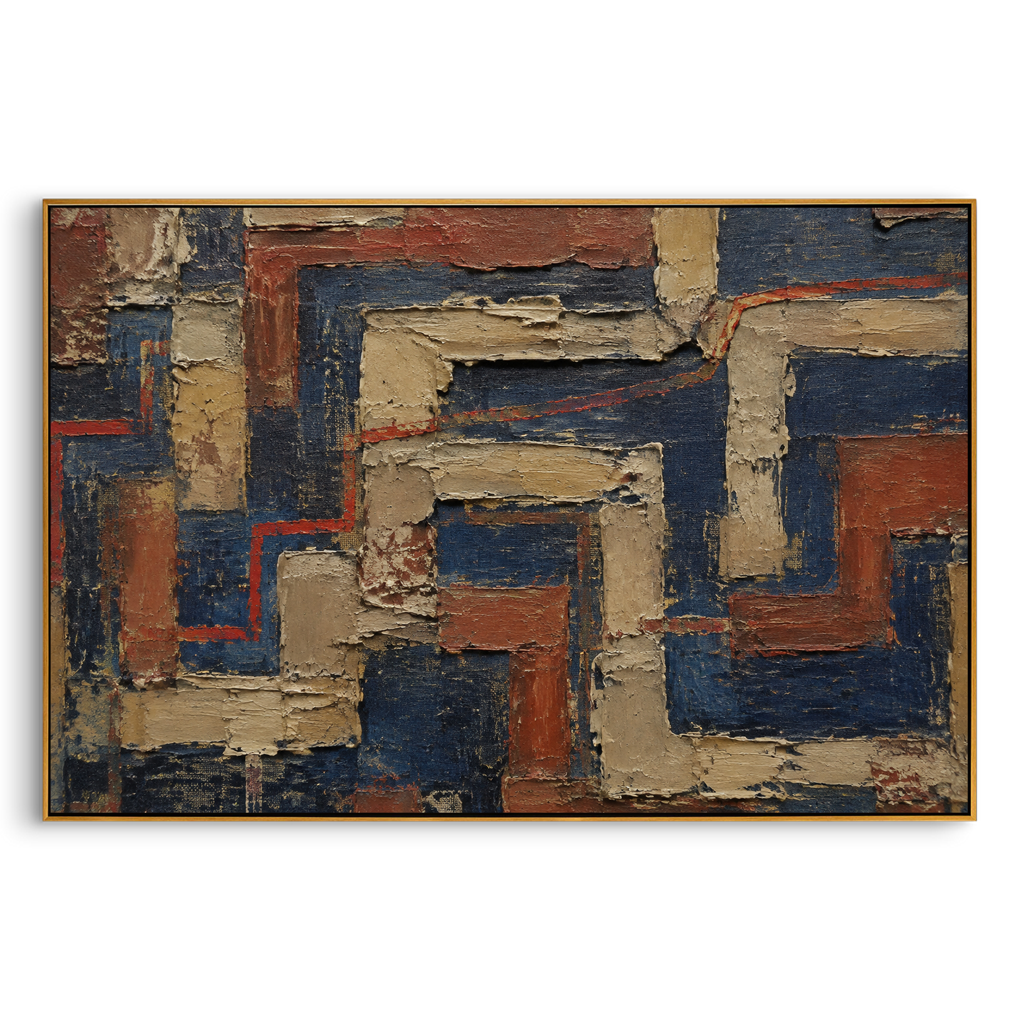 "Dark Labyrinth Of The Homeward Trial" turns the homeward journey into a maze of walls and blocked passages. The broken red route moves through dark blue chambers and raised beige forms, suggesting every choice Odysseus faces before Ithaca can be reached. Its aged impasto surface reads like a recovered palace floor or weathered mythic map.