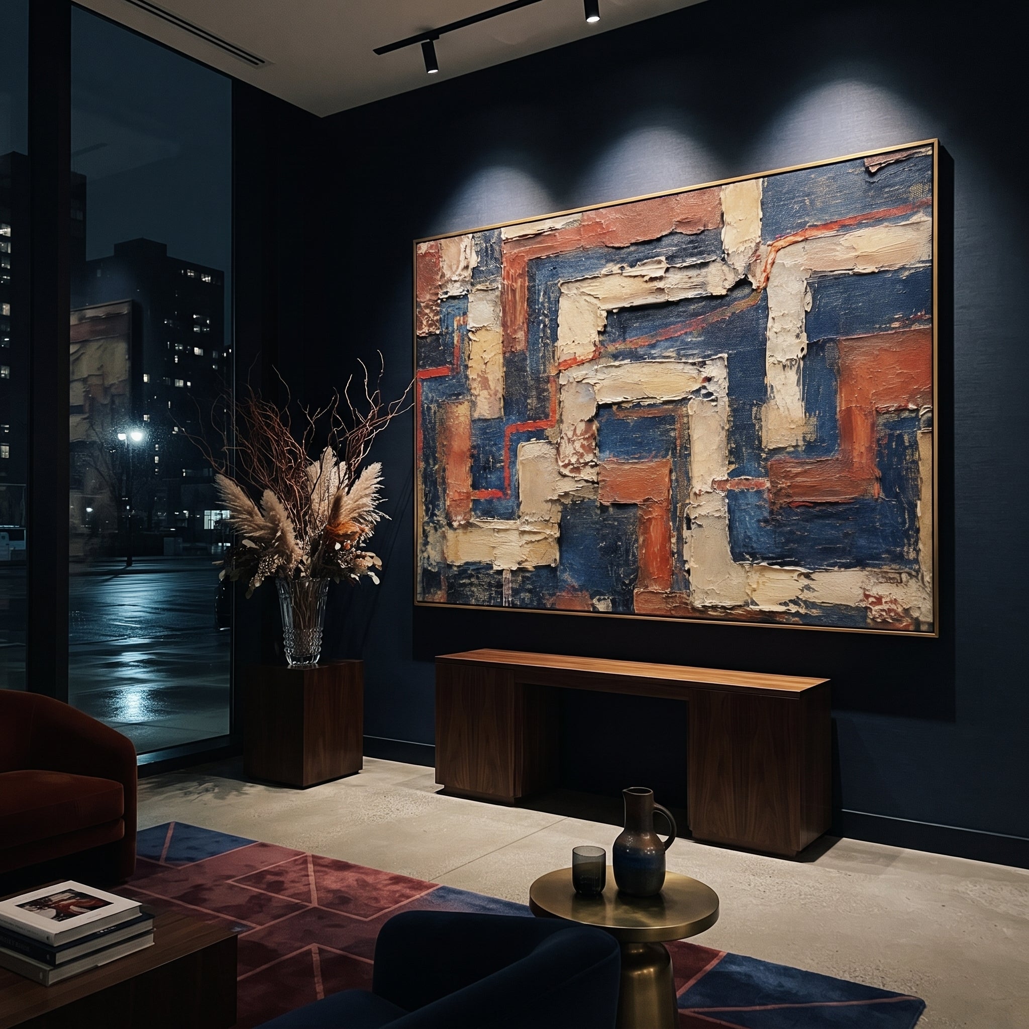 "Dark Labyrinth Of The Homeward Trial" turns the homeward journey into a maze of walls and blocked passages. The broken red route moves through dark blue chambers and raised beige forms, suggesting every choice Odysseus faces before Ithaca can be reached. Its aged impasto surface reads like a recovered palace floor or weathered mythic map.