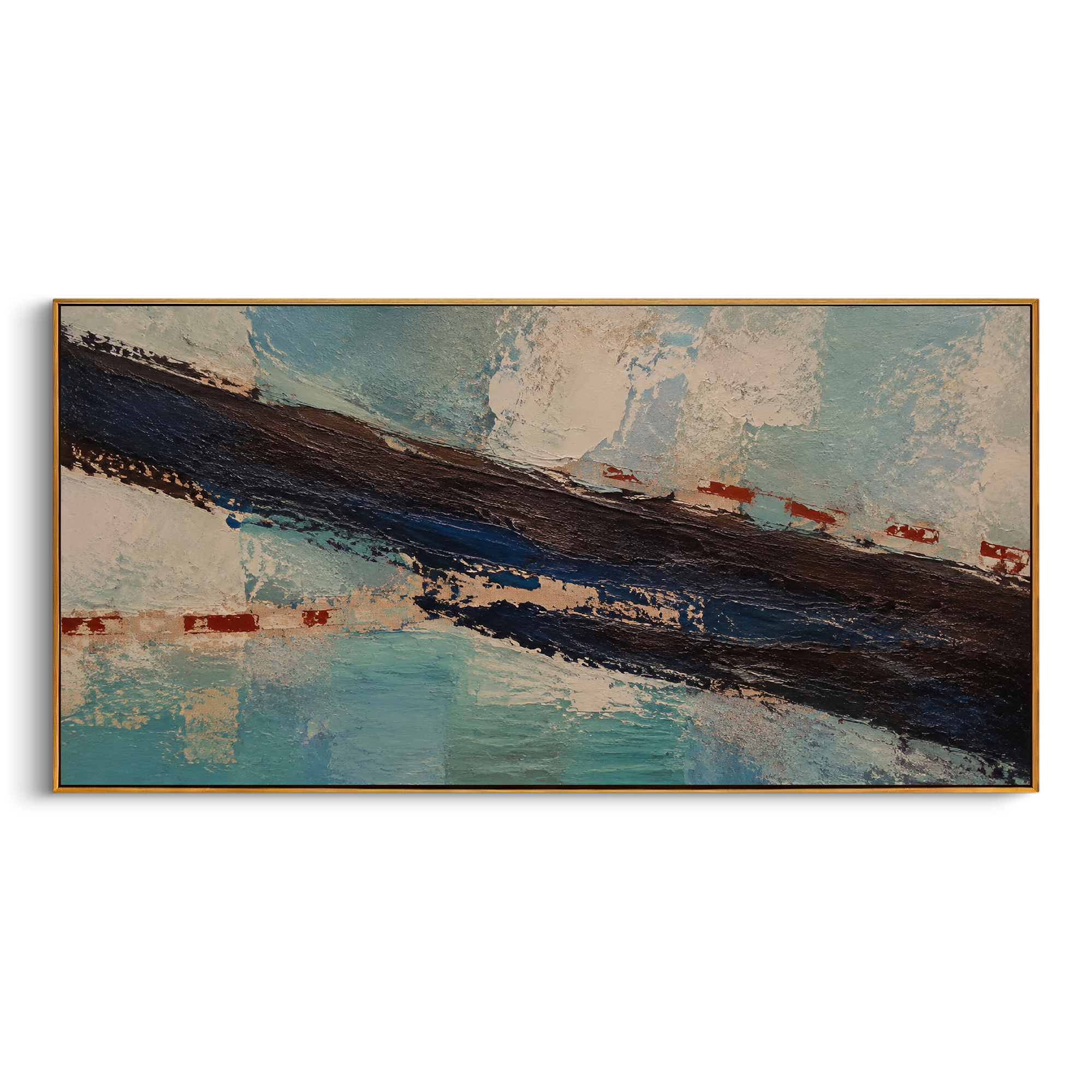 "Black Current Across The Aegean" captures the dangerous force of the open sea as a single dark movement. The band crosses the composition like fate, storm, or the unseen pull of Poseidon, while small red marks and blue undertones keep the passage connected to map, voyage, and warning.