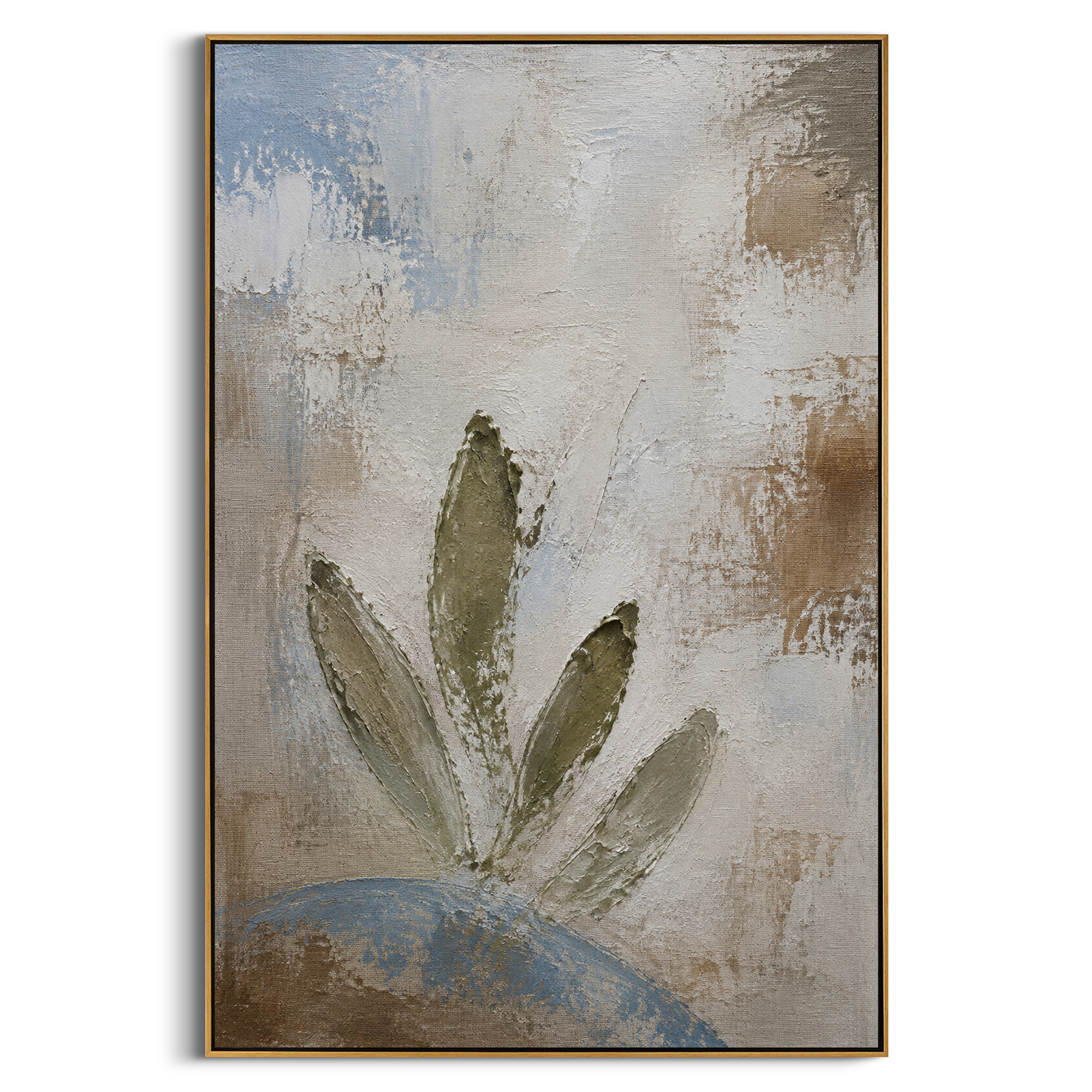 "Olive Branch After Ithaca" brings the Odyssey to a quieter symbol of peace after return. The green leaves, weathered plaster, and pale blue base suggest Athena protection, household restoration, and the hard-won stillness after the sea trials are over. The vertical format keeps the image calm, botanical, and ceremonial.