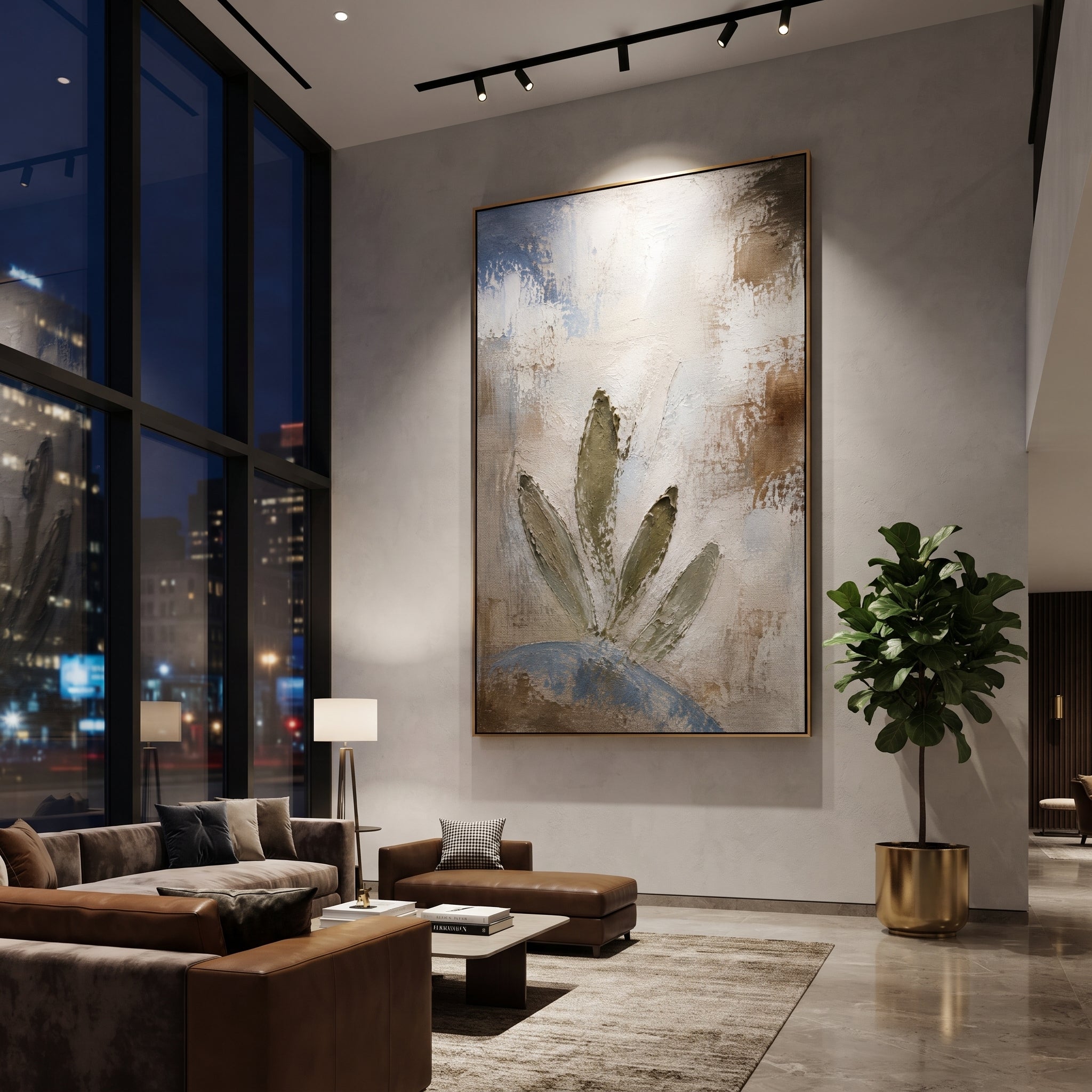"Olive Branch After Ithaca" brings the Odyssey to a quieter symbol of peace after return. The green leaves, weathered plaster, and pale blue base suggest Athena protection, household restoration, and the hard-won stillness after the sea trials are over. The vertical format keeps the image calm, botanical, and ceremonial.