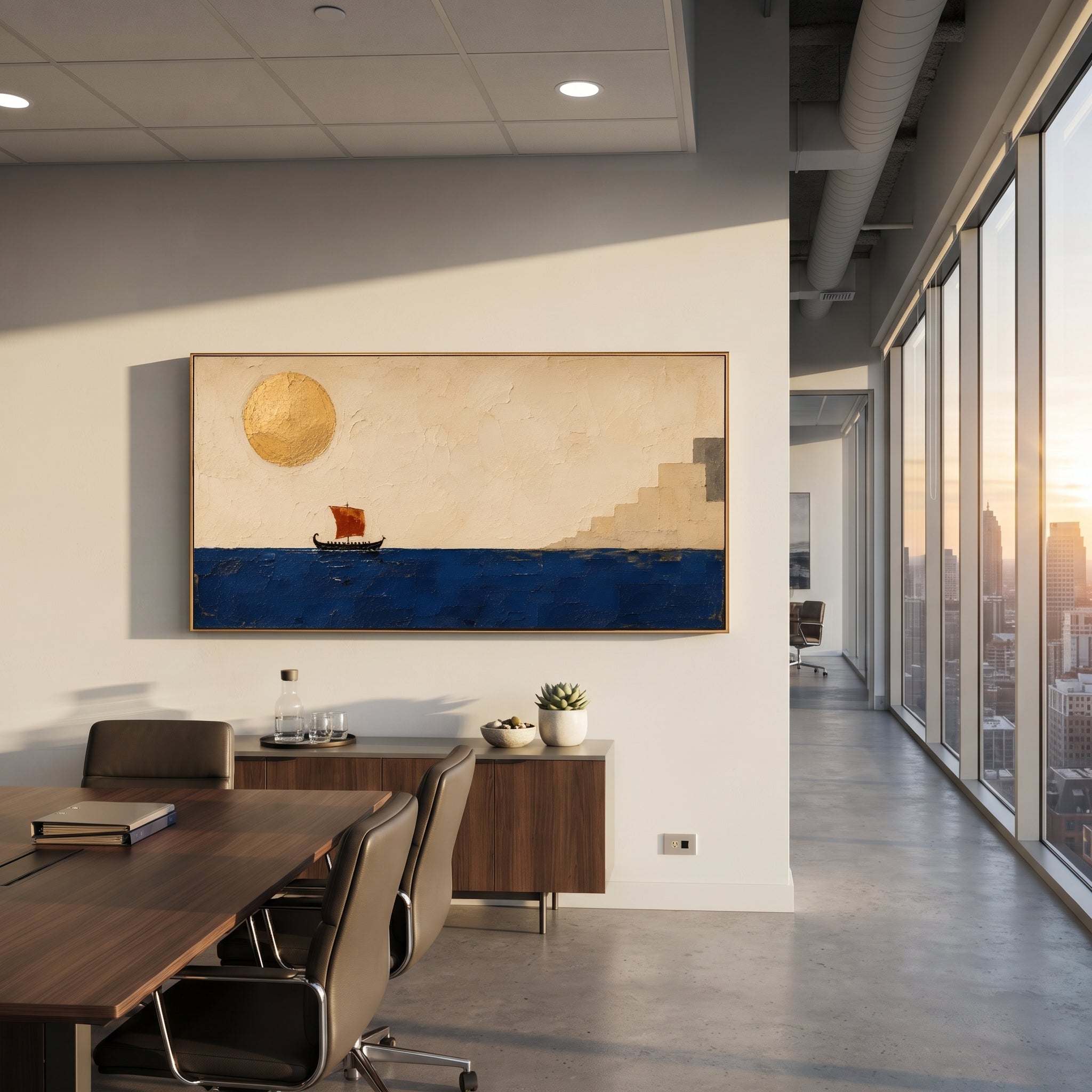 "Red Sail Approaching Ithaca" sets the homecoming as a bright but watchful arrival. The boat moves toward stepped white buildings while the enormous sun hangs like Helios witness over the sea. Heavy blue and gold texture gives the scene warmth, distance, and ceremonial expectation.