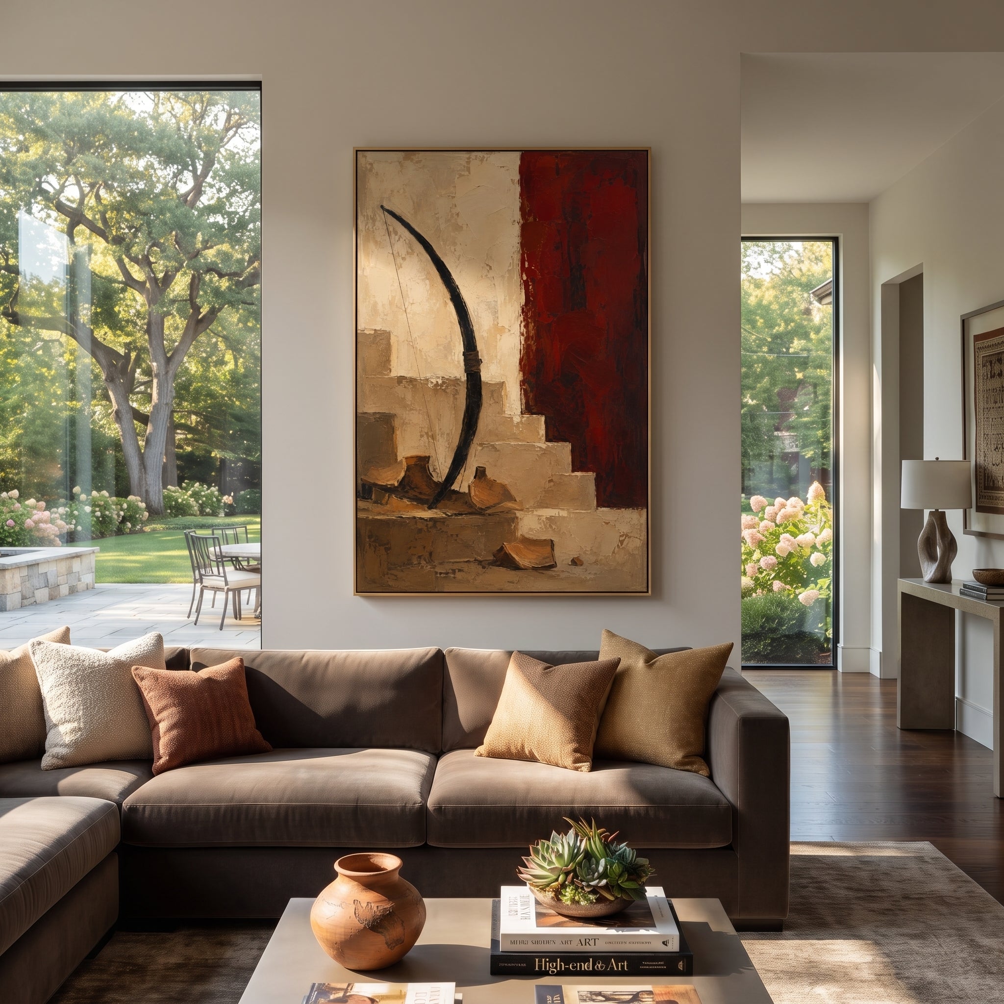 "Bow Of Odysseus Beside The Red Wall" shows the weapon of recognition as a sacred object in an empty room. The curved bow rises beside shattered clay and red plaster, suggesting the test that separates suitors from the true king and turns a household back into a home.
