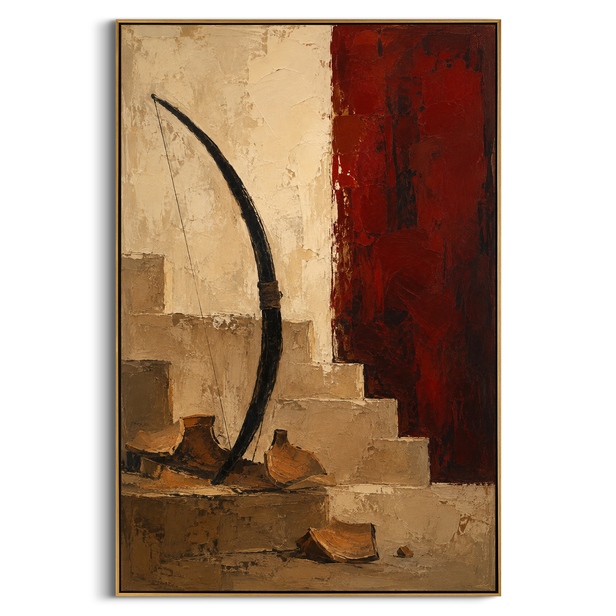 "Bow Of Odysseus Beside The Red Wall" shows the weapon of recognition as a sacred object in an empty room. The curved bow rises beside shattered clay and red plaster, suggesting the test that separates suitors from the true king and turns a household back into a home.