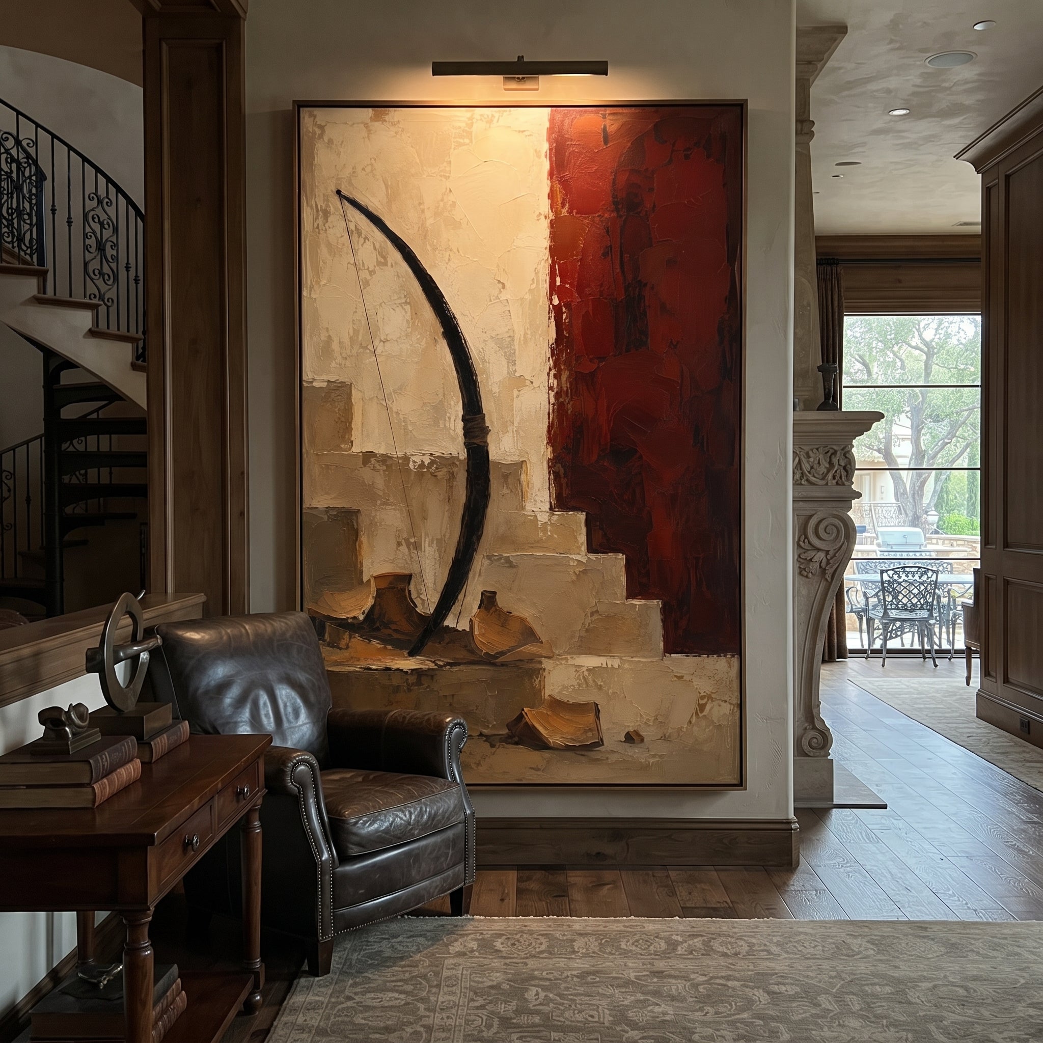 "Bow Of Odysseus Beside The Red Wall" shows the weapon of recognition as a sacred object in an empty room. The curved bow rises beside shattered clay and red plaster, suggesting the test that separates suitors from the true king and turns a household back into a home.