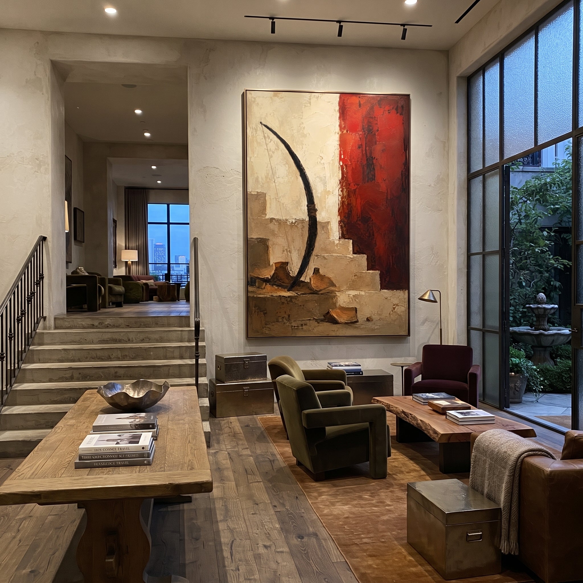 "Bow Of Odysseus Beside The Red Wall" shows the weapon of recognition as a sacred object in an empty room. The curved bow rises beside shattered clay and red plaster, suggesting the test that separates suitors from the true king and turns a household back into a home.