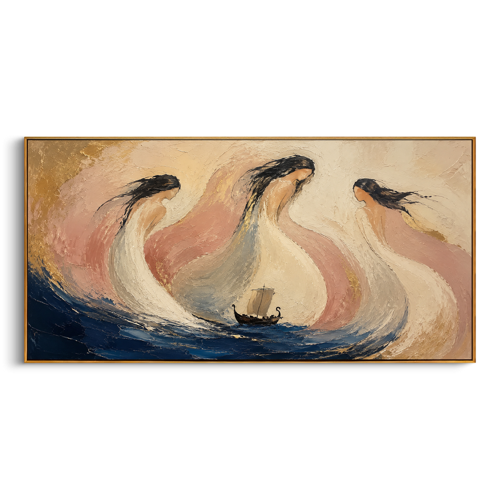 "Sirens Encircling The Sail" turns the Sirens into waves, wind, and voices around the vessel. Their pale pink and cream bodies curve with the sea, beautiful and dangerous, while the small boat presses through the center of temptation toward home.