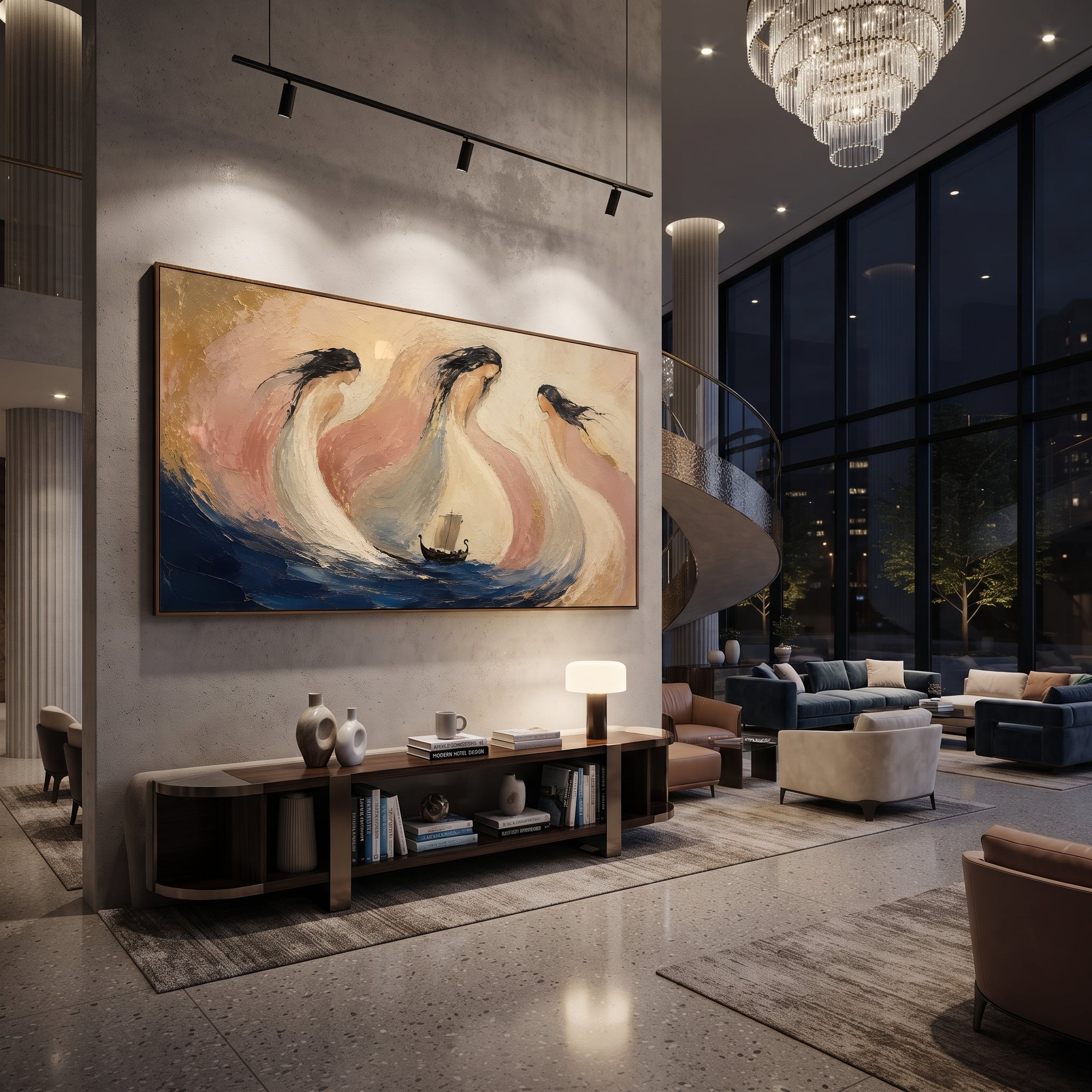 "Sirens Encircling The Sail" turns the Sirens into waves, wind, and voices around the vessel. Their pale pink and cream bodies curve with the sea, beautiful and dangerous, while the small boat presses through the center of temptation toward home.