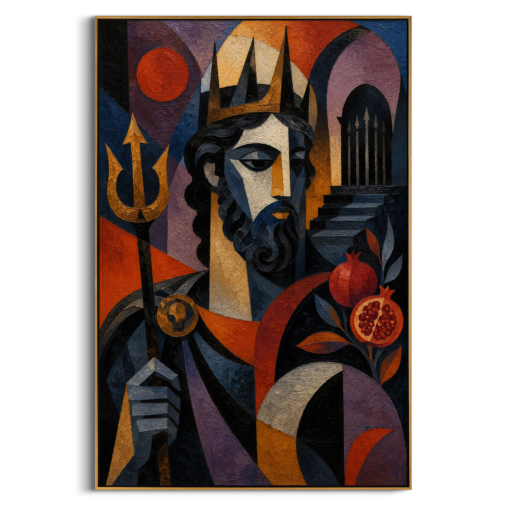 "Poseidon With Pomegranate And Trident" presents the sea god as ruler, obstacle, and judge. The trident anchors his power, the pomegranate suggests underworld debt and ancient vows, and the angular face watches the viewer with stern authority. Rich impasto color gives the portrait a monumental Odyssey presence.