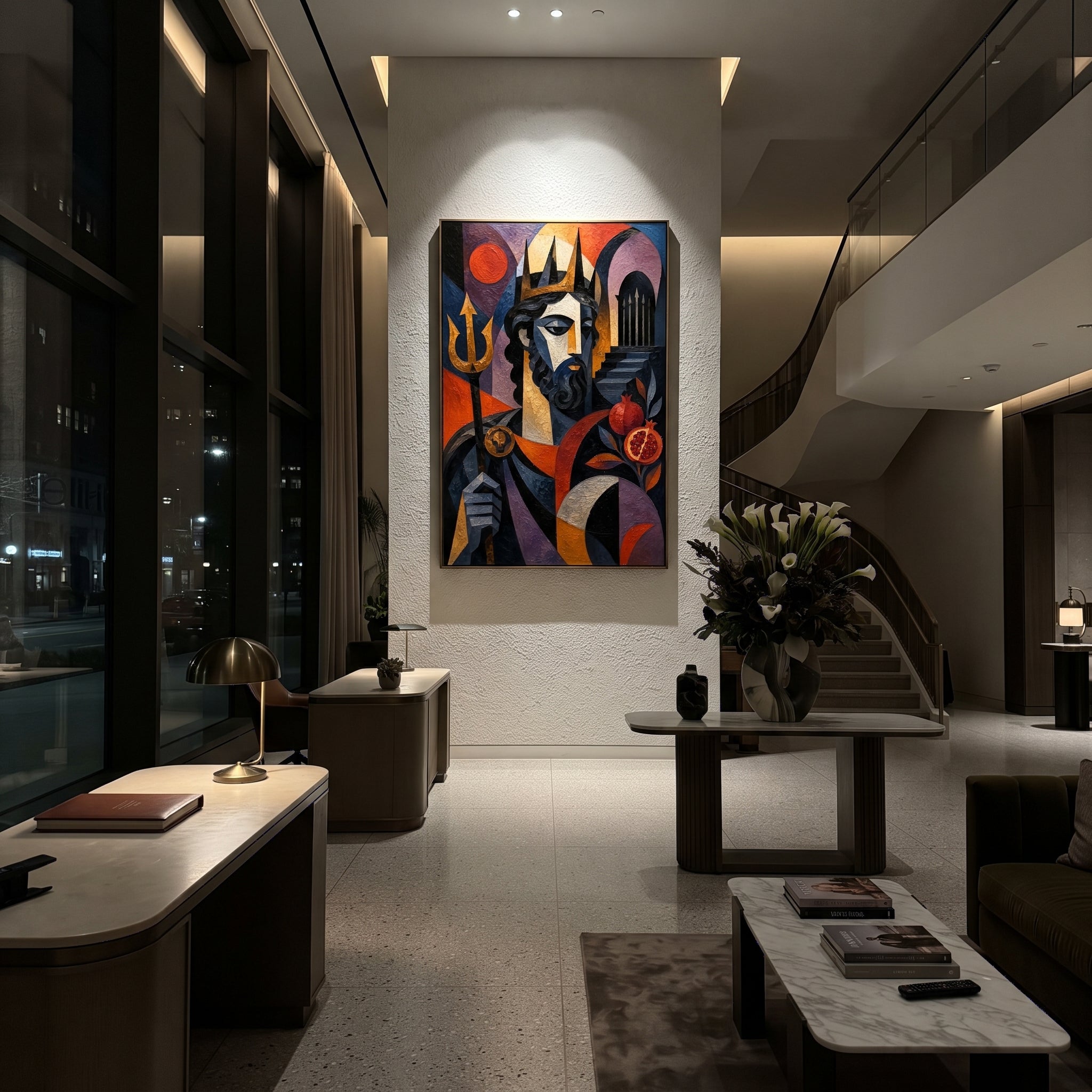 "Poseidon With Pomegranate And Trident" presents the sea god as ruler, obstacle, and judge. The trident anchors his power, the pomegranate suggests underworld debt and ancient vows, and the angular face watches the viewer with stern authority. Rich impasto color gives the portrait a monumental Odyssey presence.