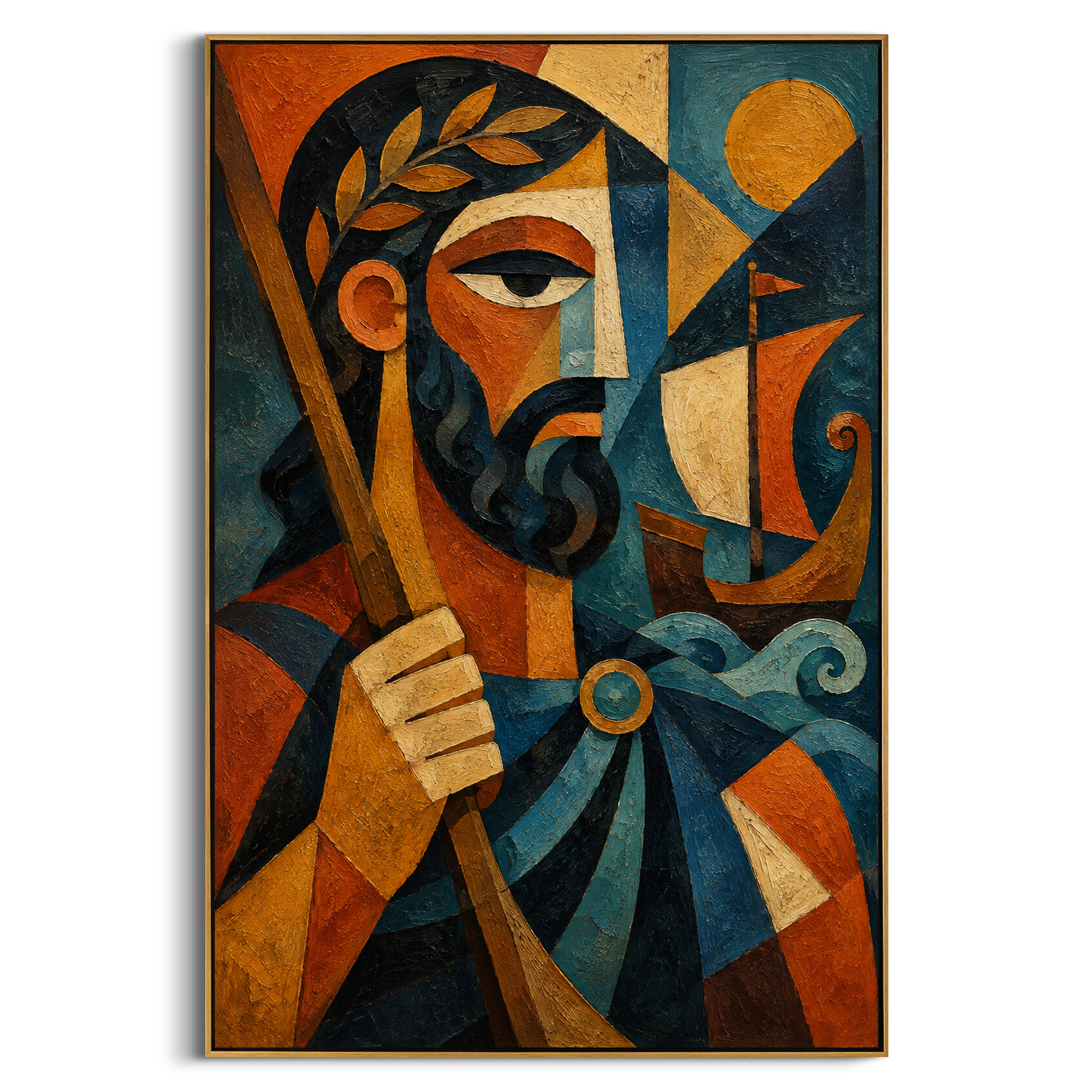 "Odysseus With The Red Sail" turns the hero into a modern icon of endurance. The boat and waves gather beside his face, while the laurel and gold sun suggest victory earned only after exile, trial, and return. Strong geometric color gives the figure a ceremonial Odyssey presence.