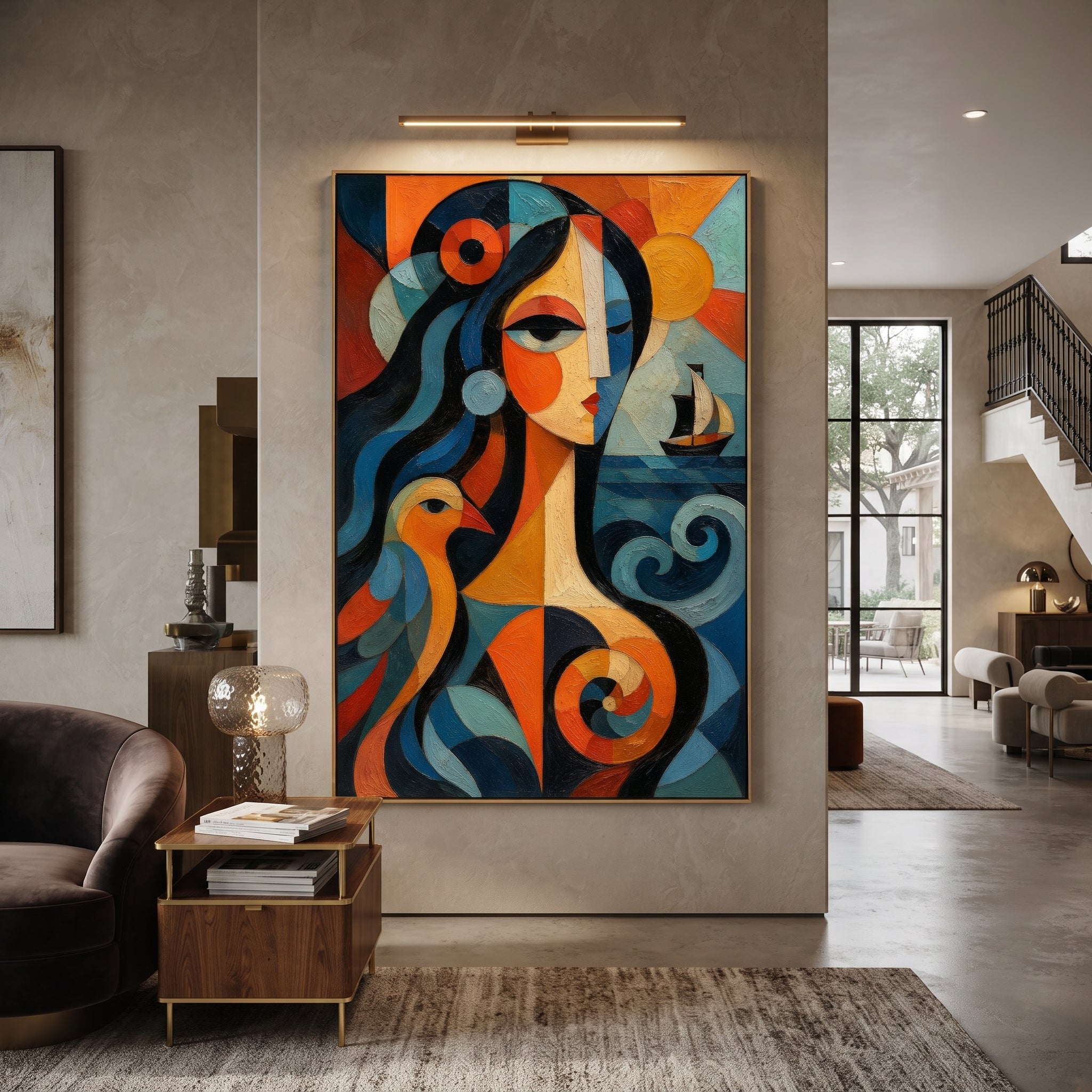 "Athena Watching The Black Sail" presents guidance as a calm face turned toward the voyage. The bird, boat, and spiral waves suggest wisdom watching over the route, while orange and blue geometry gives the goddess a vivid protective force for the homeward journey.